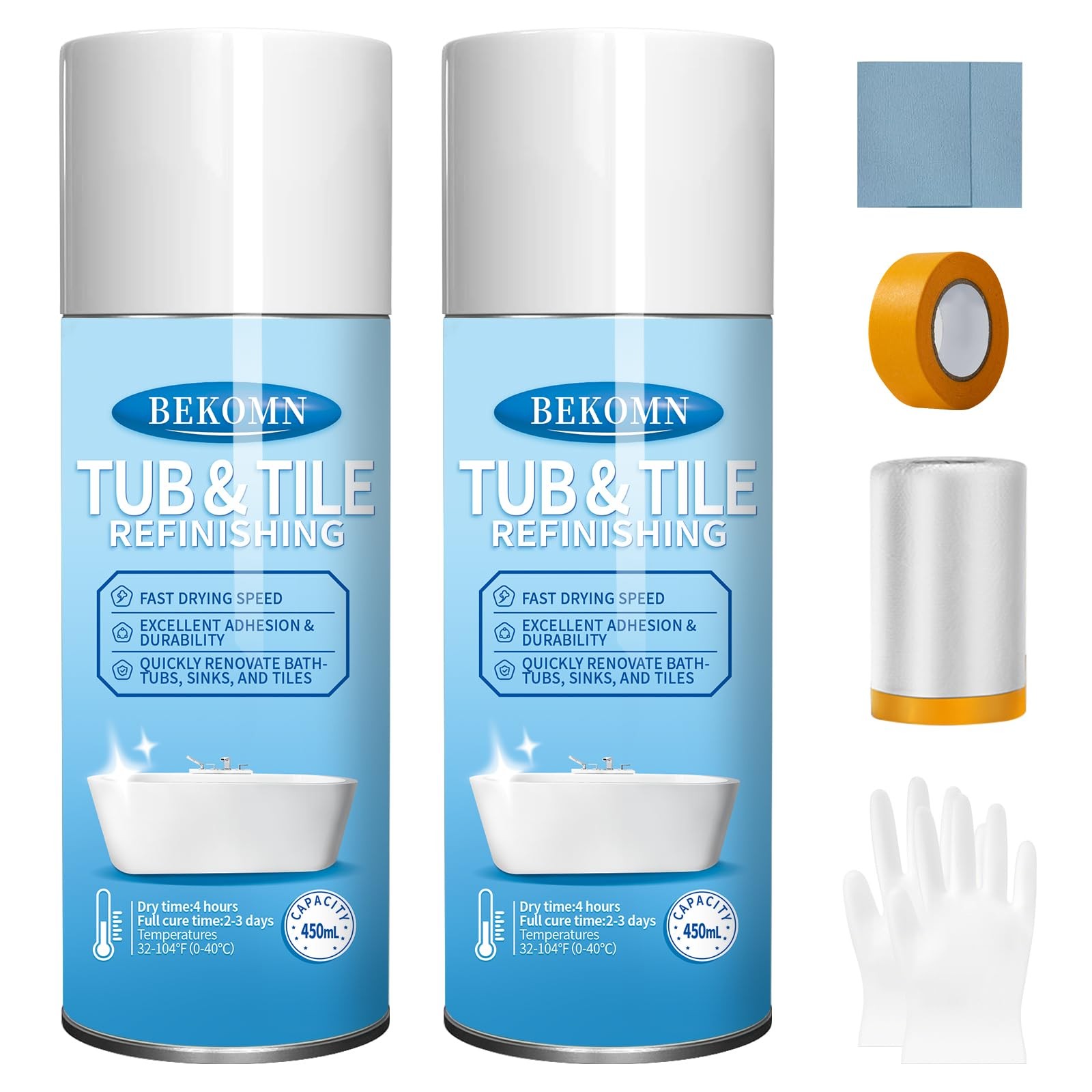 BEKOMN Tub and Tile Spray Paint White,450ml (2 Pack),Aerosol Bathtub Refinishing