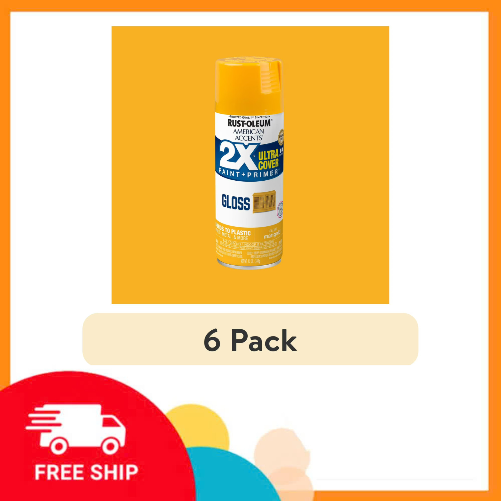 6-Pack Rust-Oleum American Accents 2X Ultra Cover Spray Paint, Marigold, 12 oz