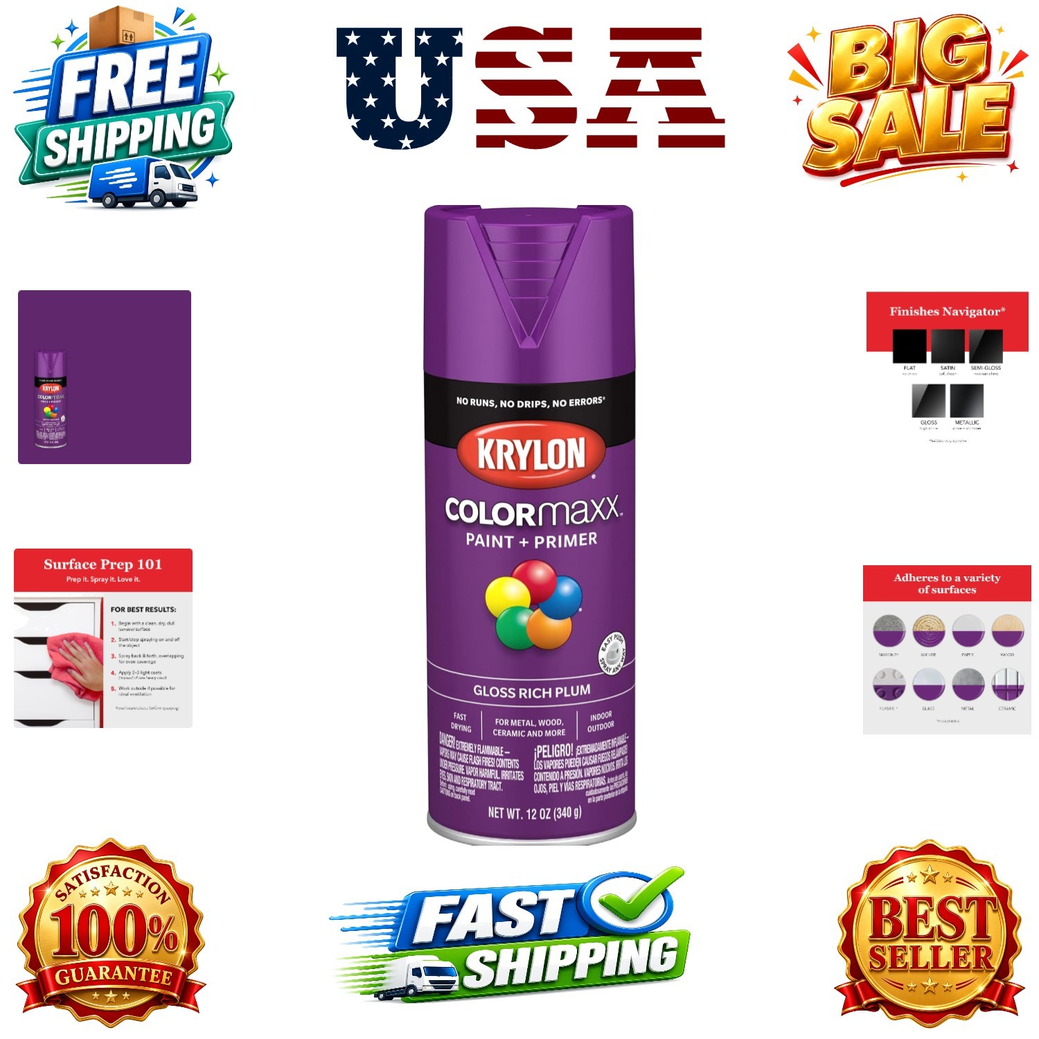 K0007 COLORmaxx Spray Paint and Primer for Indoor/Outdoor Use, Gloss Rich Plu…