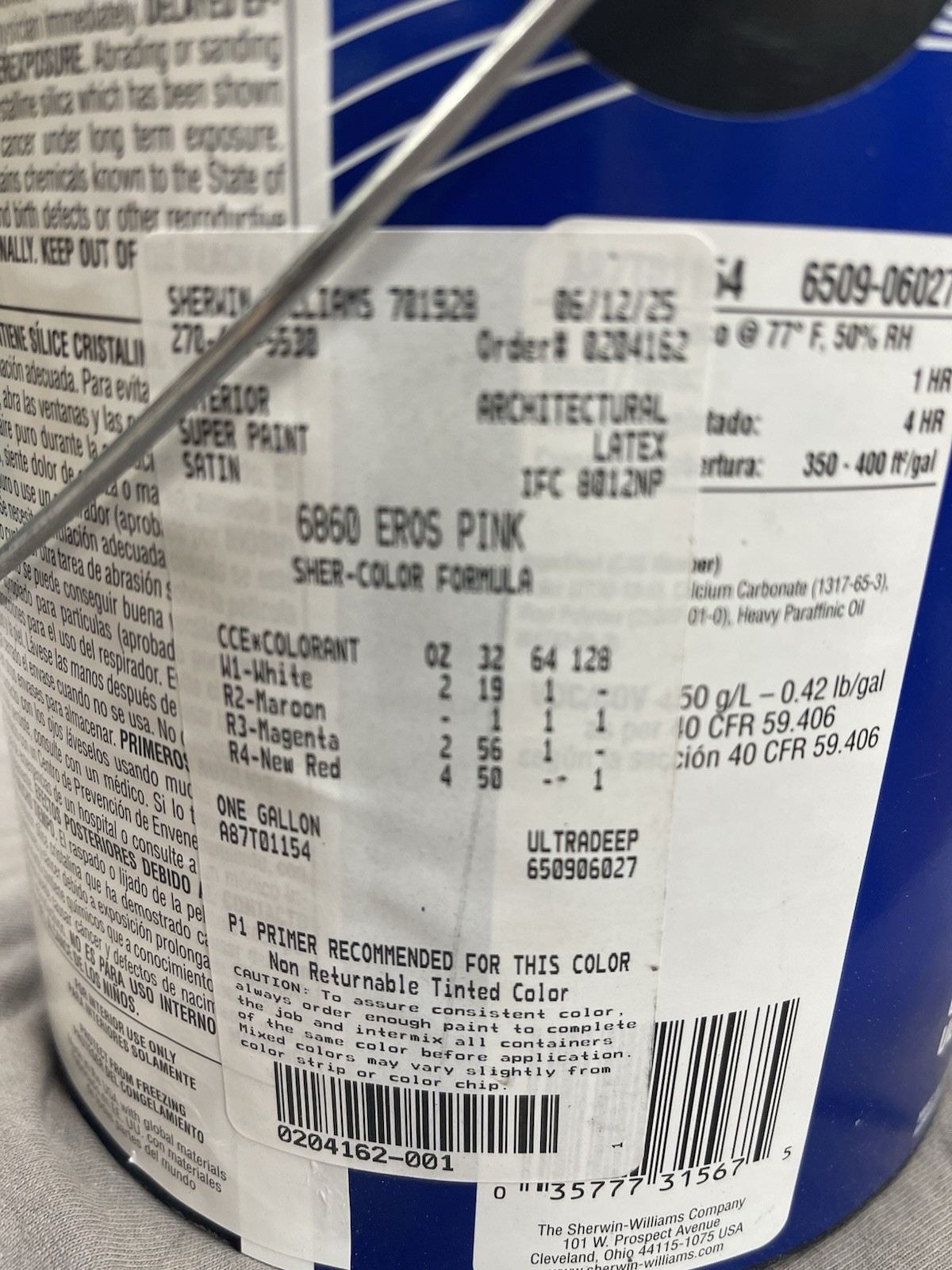 1 Gallon Sherwin Williams Super Paint Interior Satin/ 6860 Eros Pink
