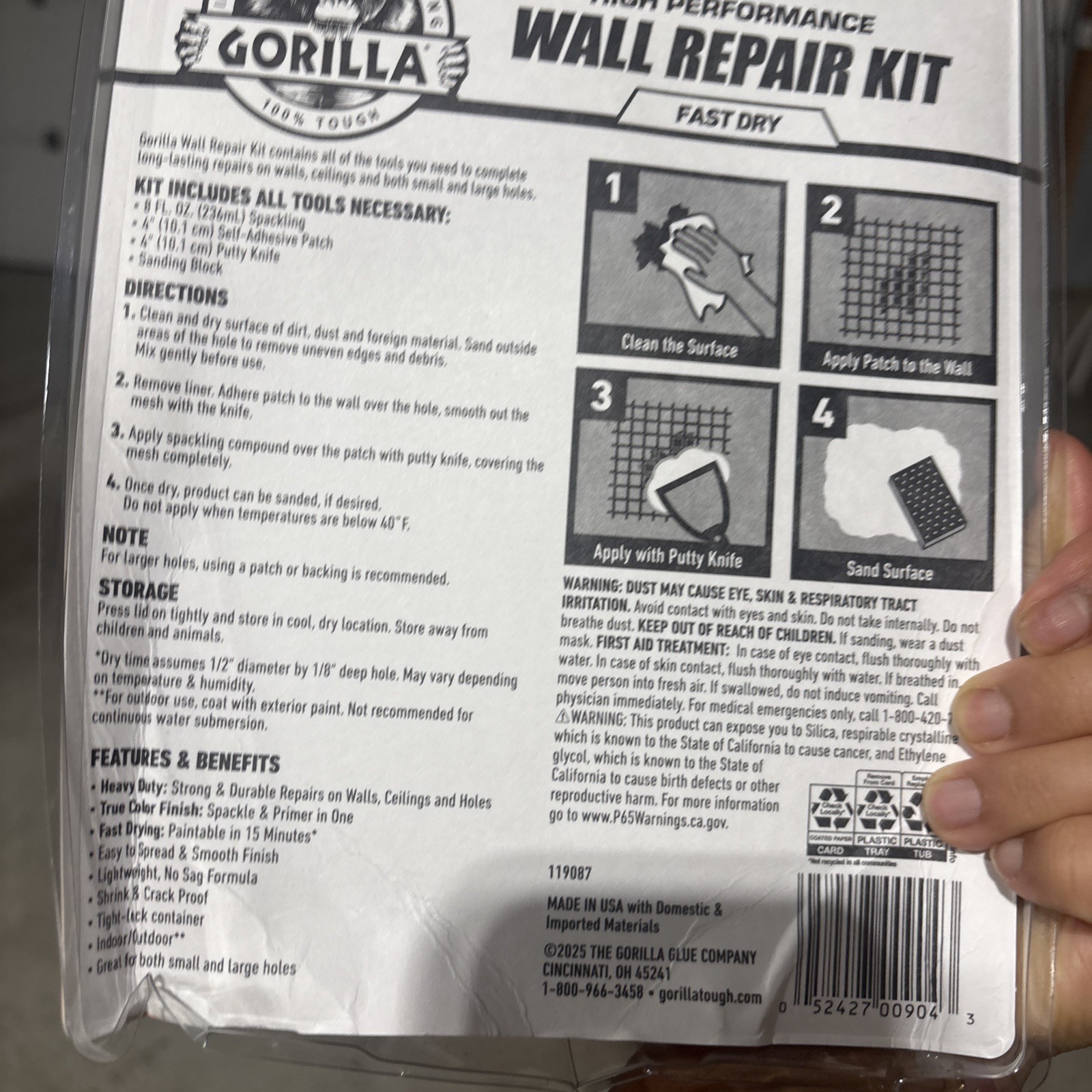 Gorilla High Performance Wall Repair Kit Spackling + Primer 109228