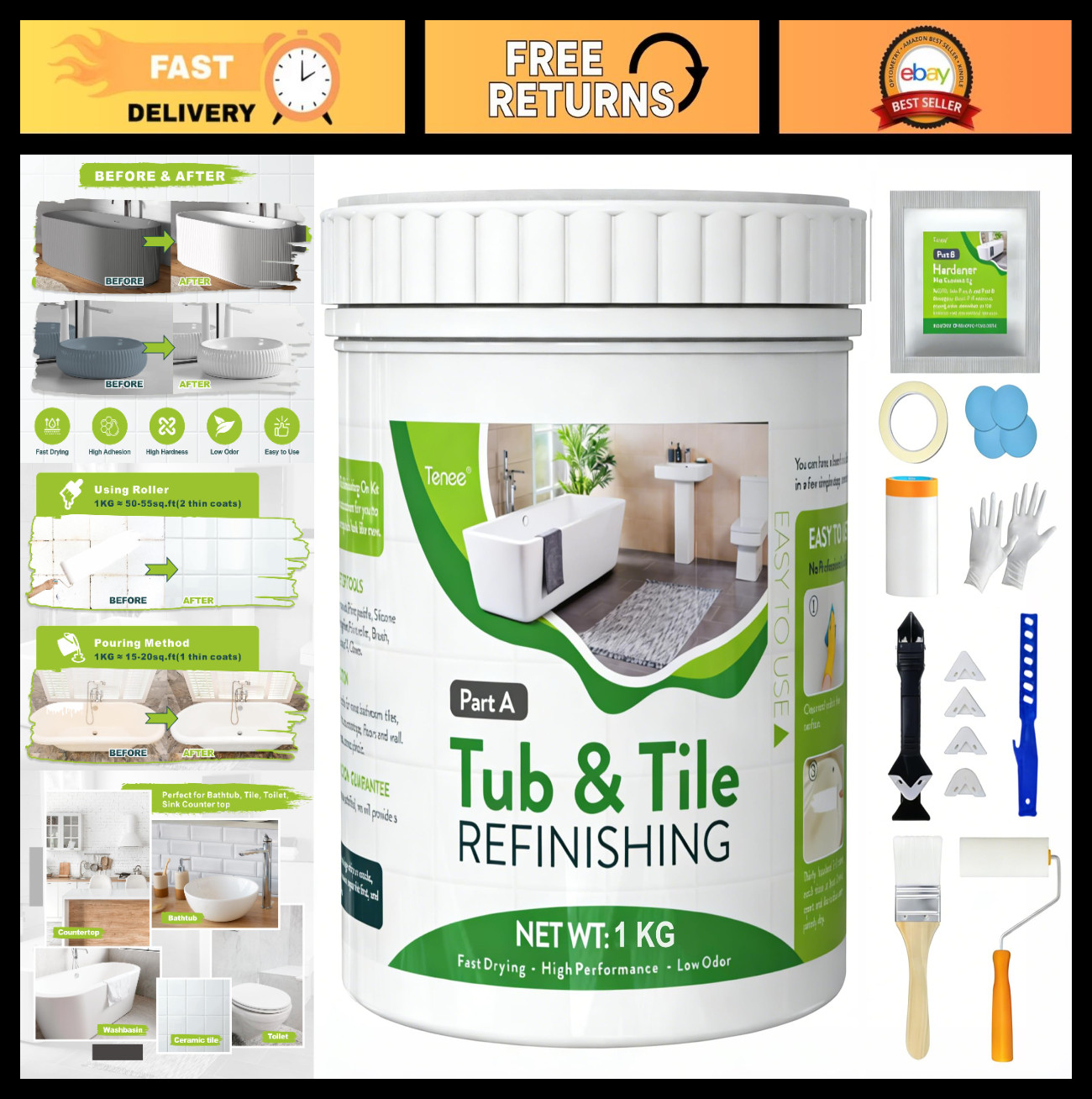 35oz Tub & Tile Refinishing Kit – Semi-Gloss Paint, 8 Tools, Low Odor, 50-60sq.f
