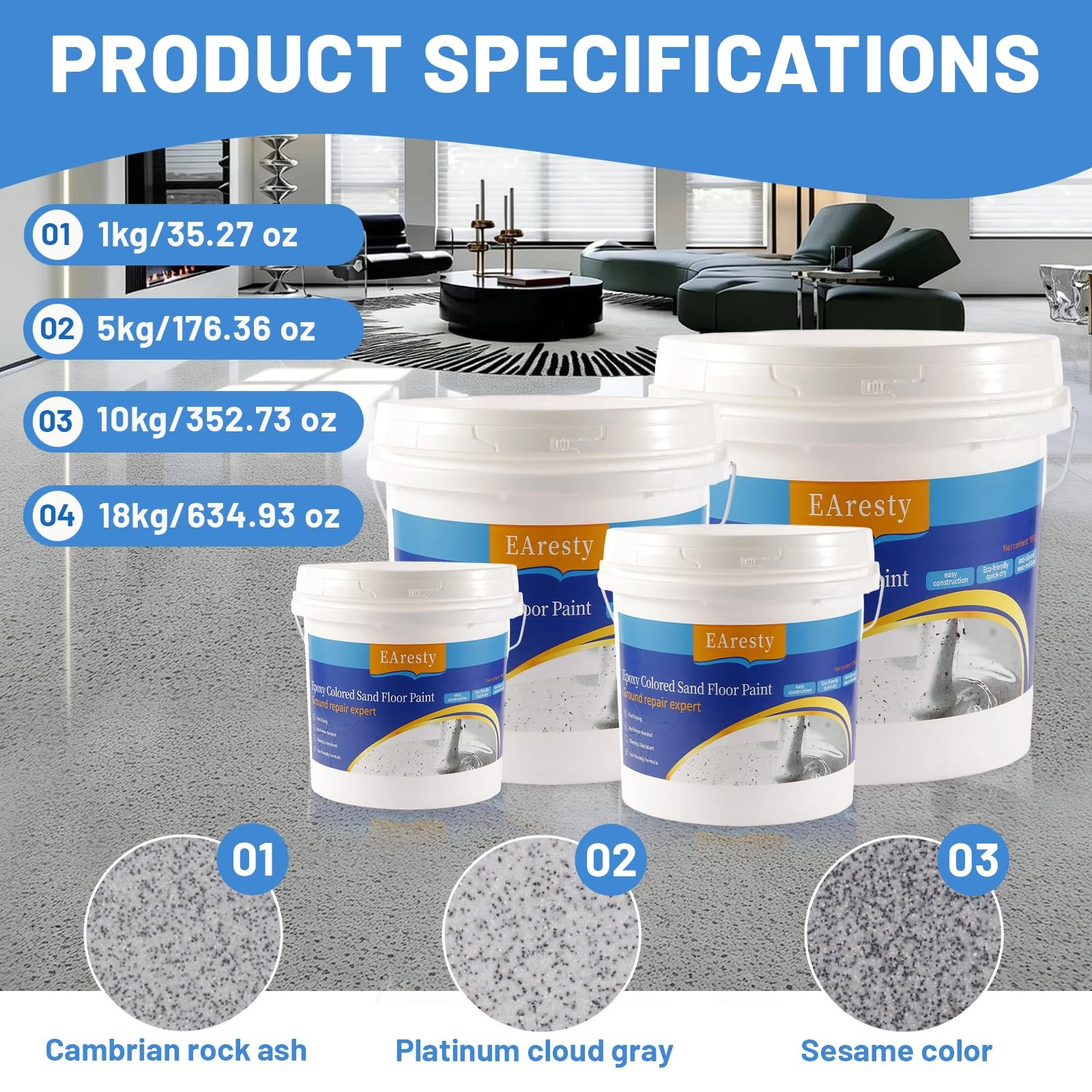 Epoxy Floor Paint Cambrian Rock Gray 35.27 oz Self-Leveling Marble Finish