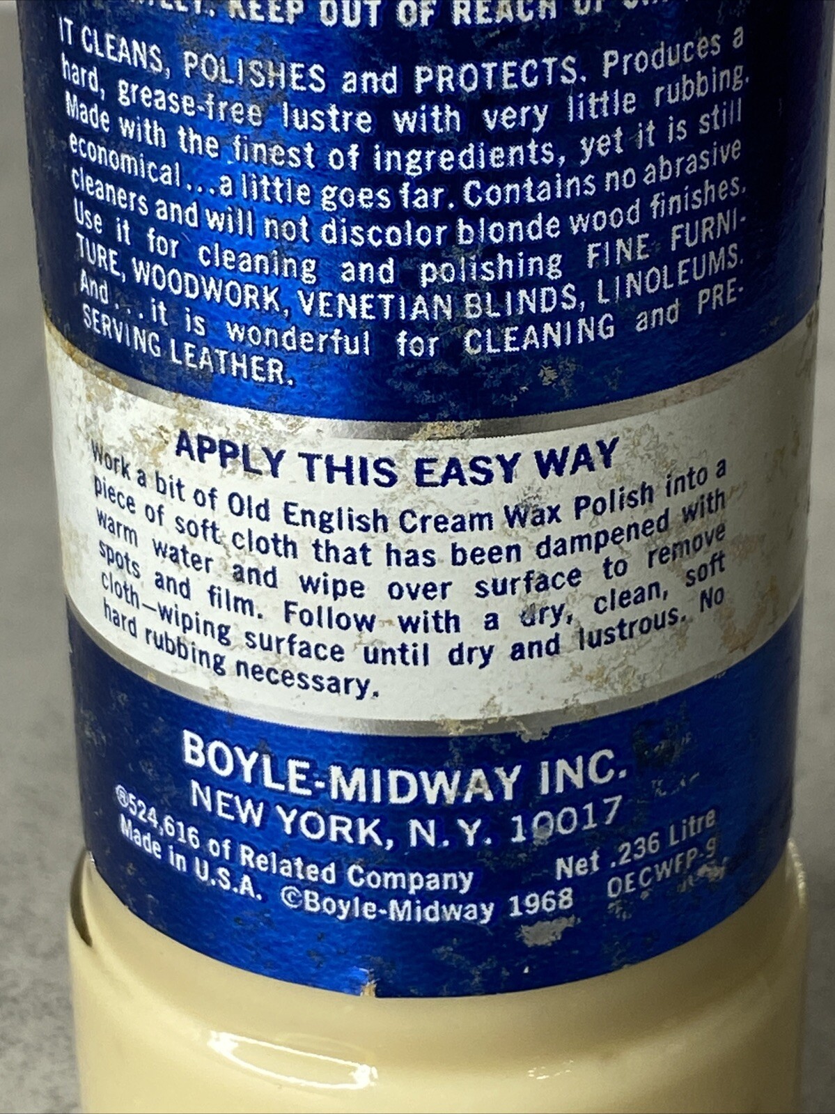Old English Cream Wax Furniture Polish in GLASS BOTTLE 99% Full 1968 – 8 oz.