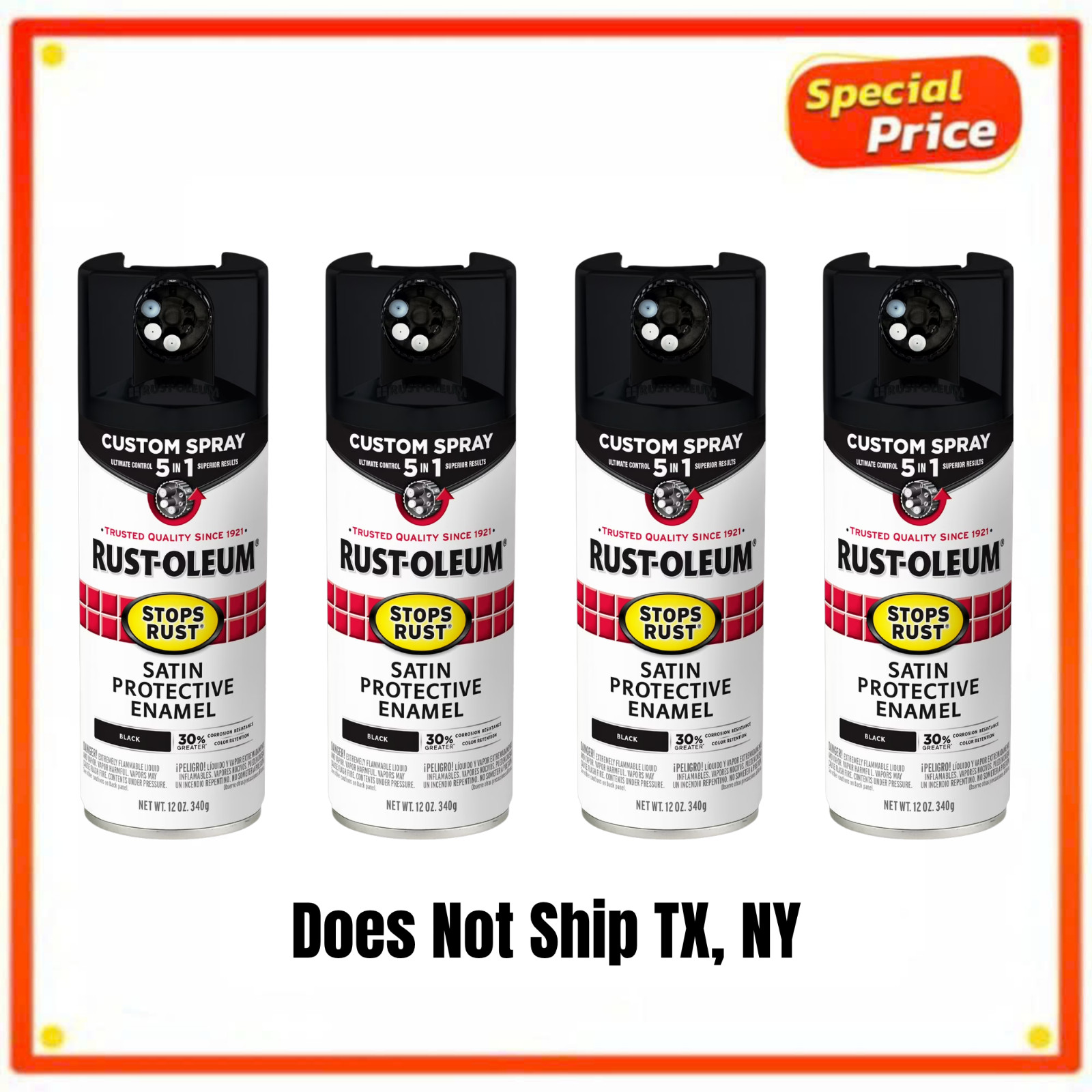 (6 Pack) Rust-Oleum Stops Rust Satin Black Spray Paint 376869 5-in-1 12 oz