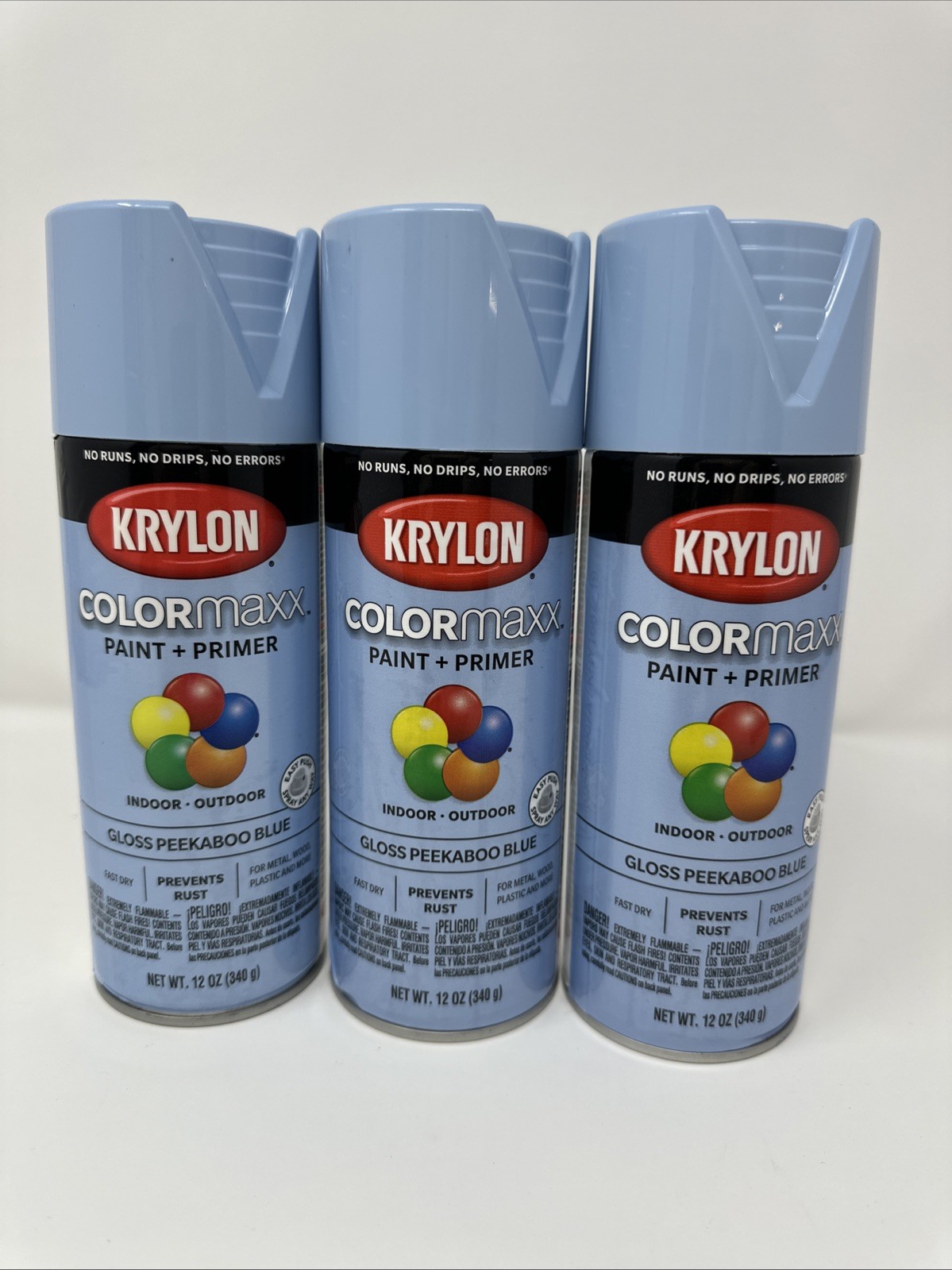 (3) KRYLON COLORMAXX GLOSS PEEKABOO BABY BLUE SPRAY PAINT & PRIMER 12 oz. CANS