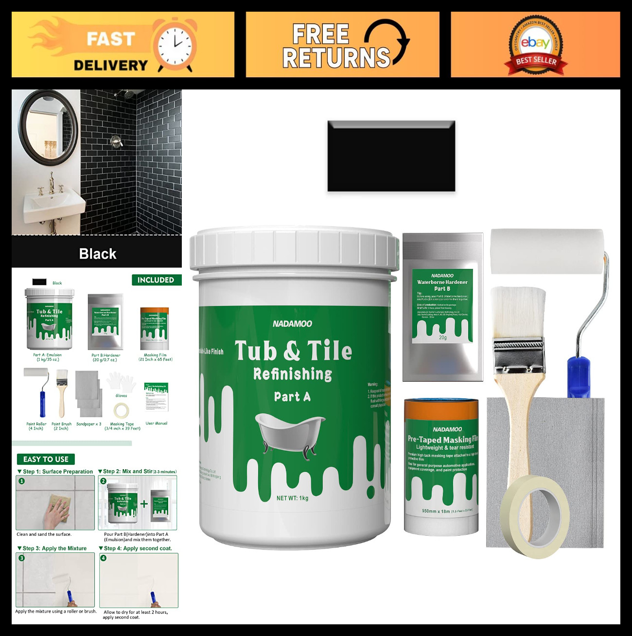DIY Tub & Tile Refinishing Kit 1kg – Bathtub Sink Reglaze, Countertop Resurface,
