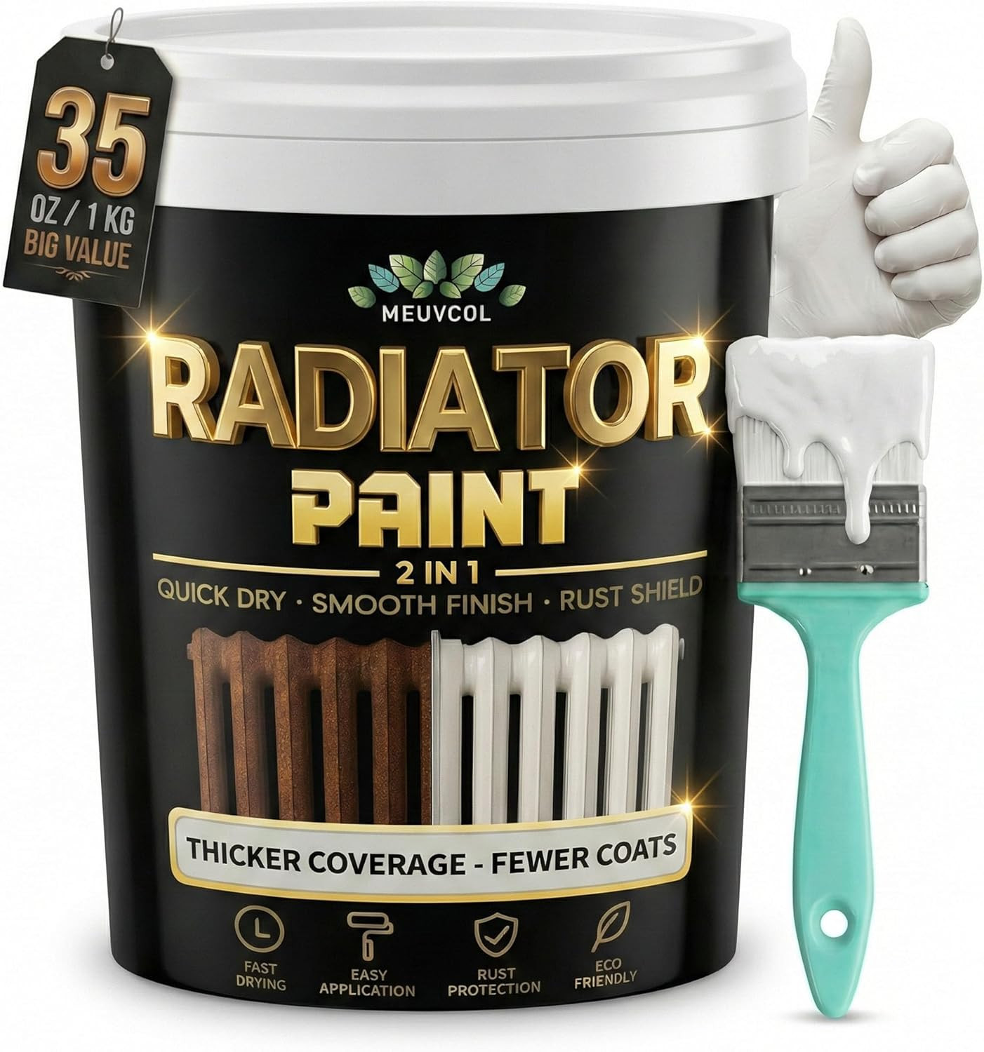 Meuvcol 2 in 1 Radiator Paint & Primer – 1000ml White Enamel Metal Paint for Rad