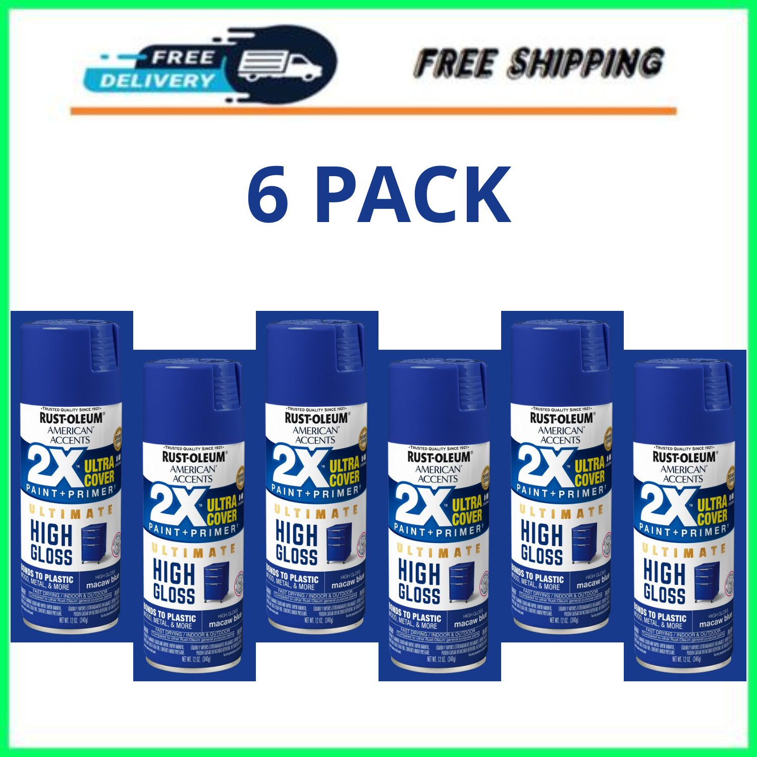 Rust-Oleum American Accents 2X High Gloss Macaw Blue Spray Paint 12oz, 6 Pack