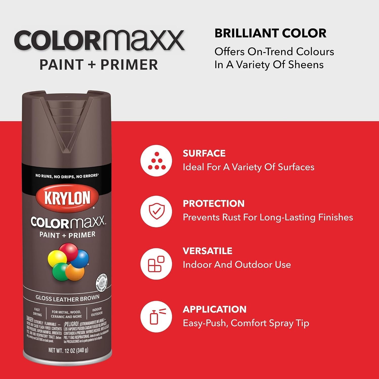 Krylon COLORmaxx Gloss Leather Brown – 12oz Easy Spray Indoor/Outdoor Paint