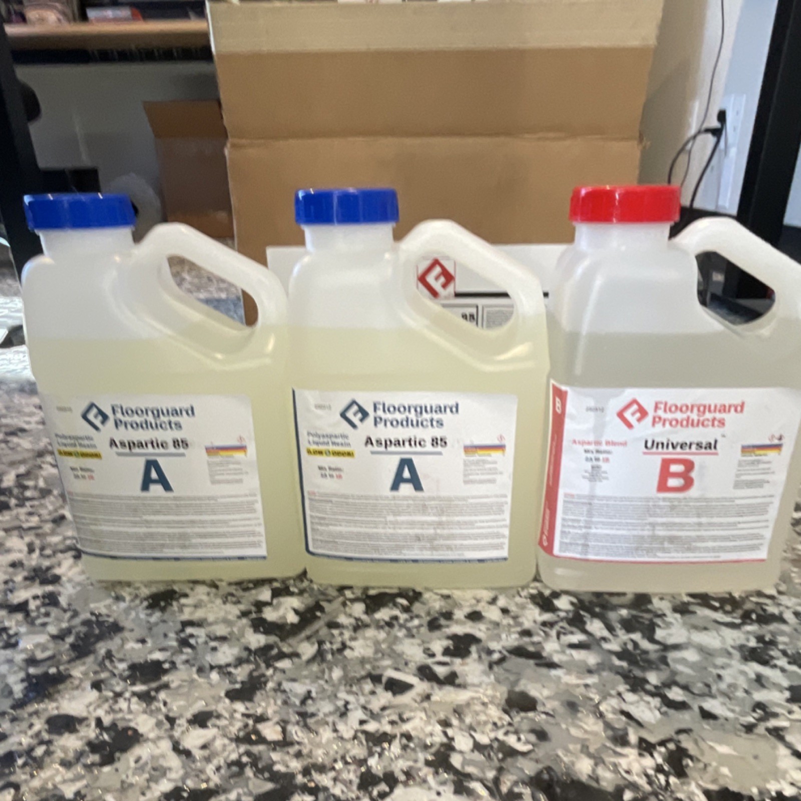 Polyaspartic Liquid Resin Low Odor Clear 3 Gal kit. Base and top coat.
