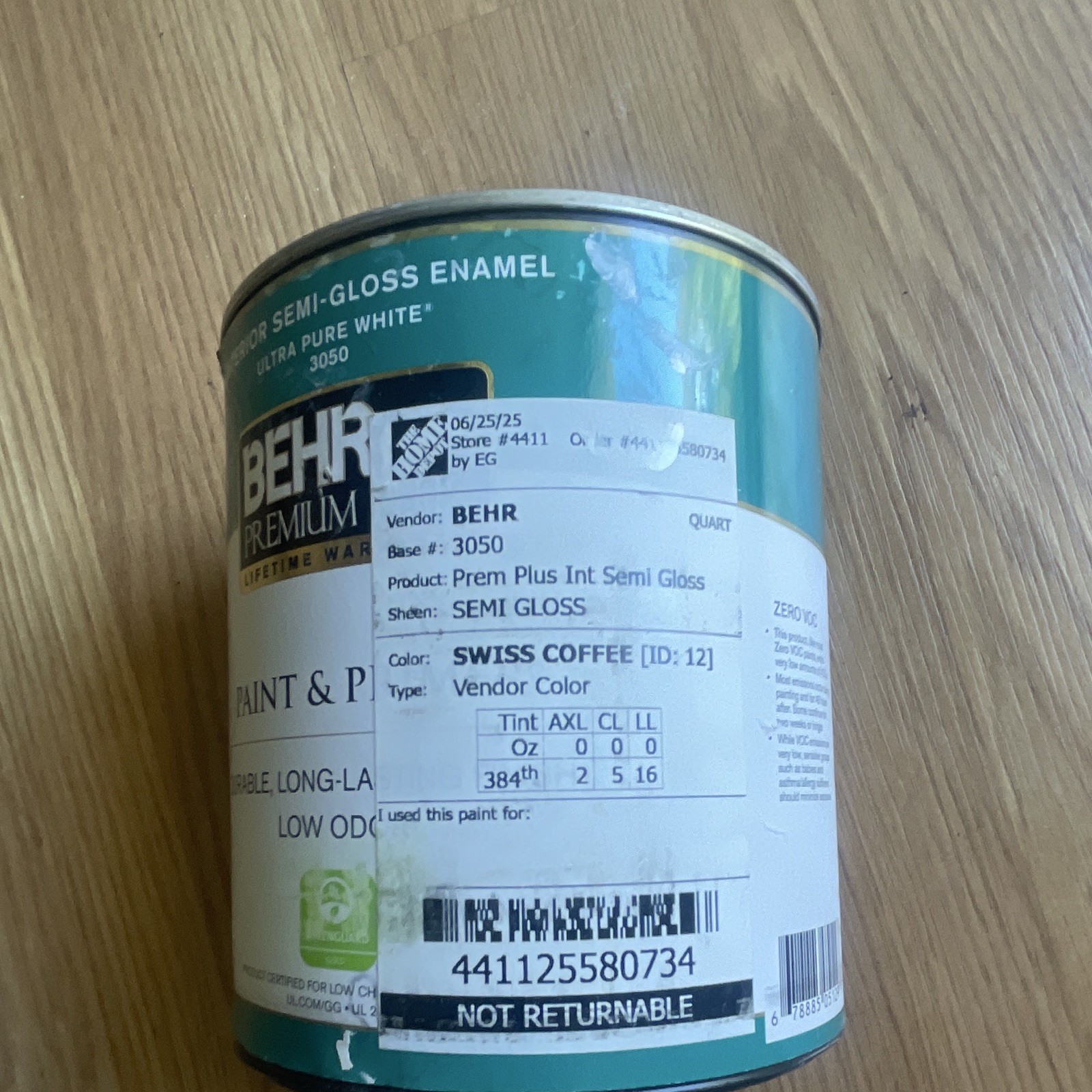 BEHR Premium Interior Semi-Gloss Enamel Paint, Swiss Coffee, 1 qt, Low Odor