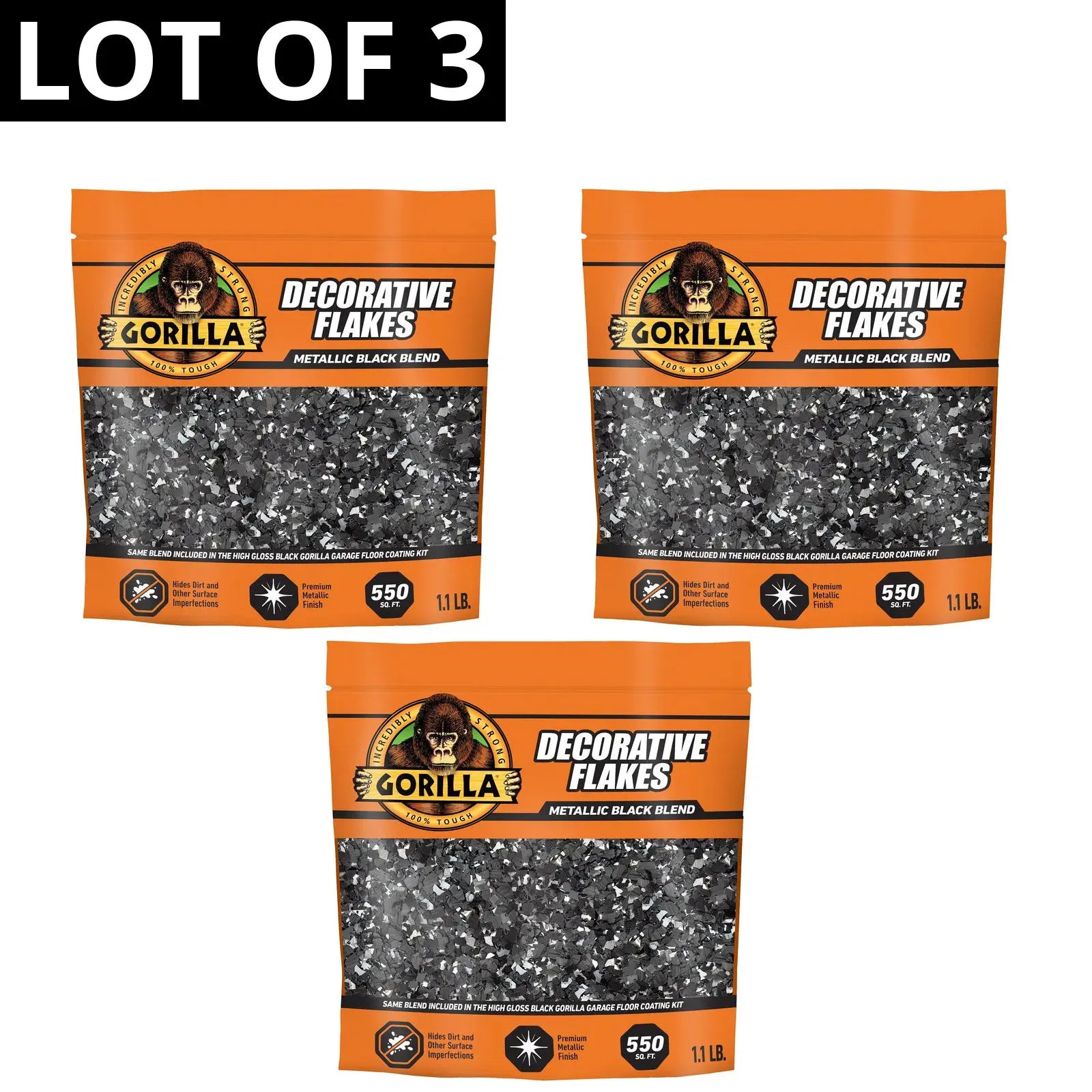 Gorilla Garage Floor Coating Decorative Flakes Metallic Black Blend LOT OF 3