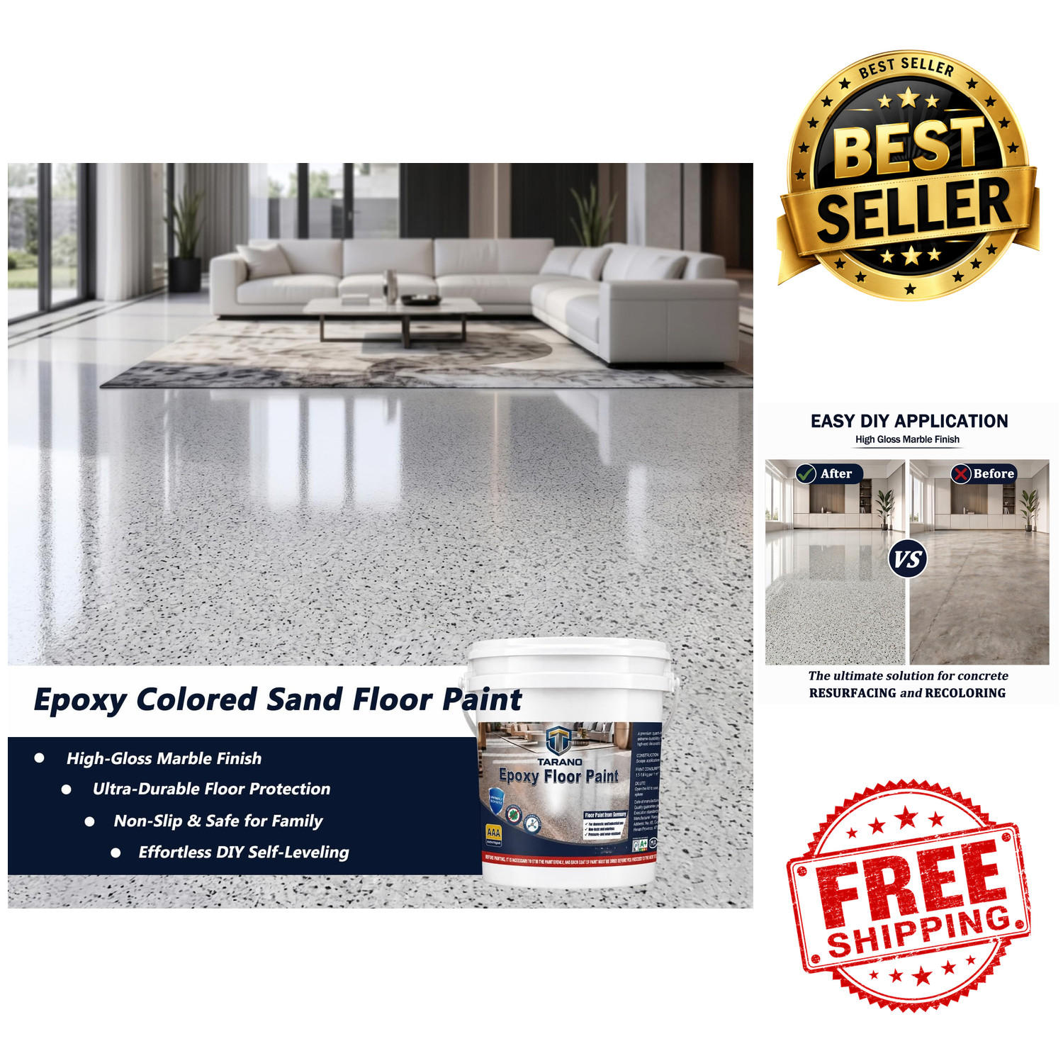 Epoxy Colored Sand Floor Paint Self-Leveling Concrete Non-Slip Garage Patio 35oz