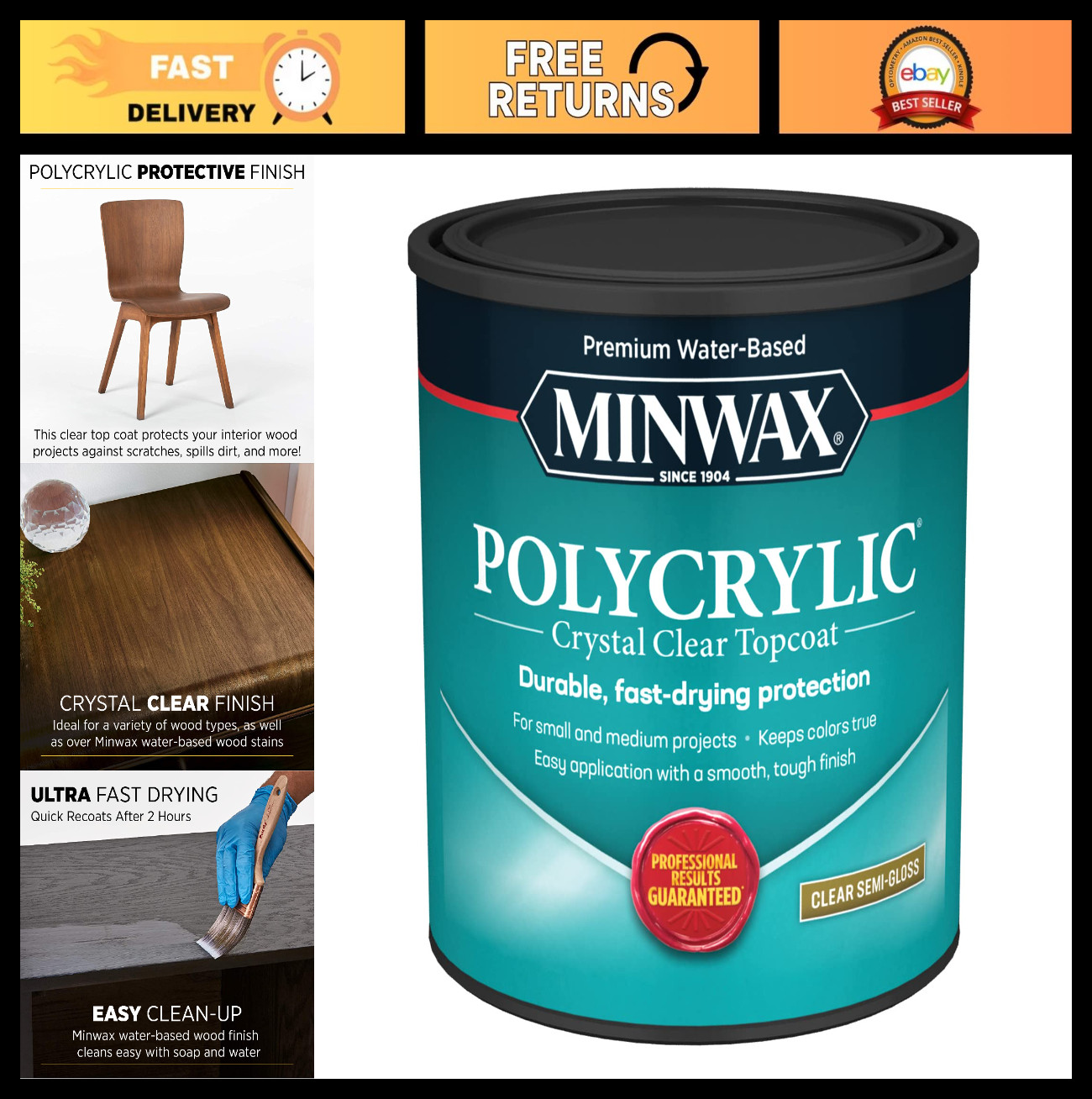 Clear Polycrylic Protective Finish – 1 Qt Water-Based Semi-Gloss Coating