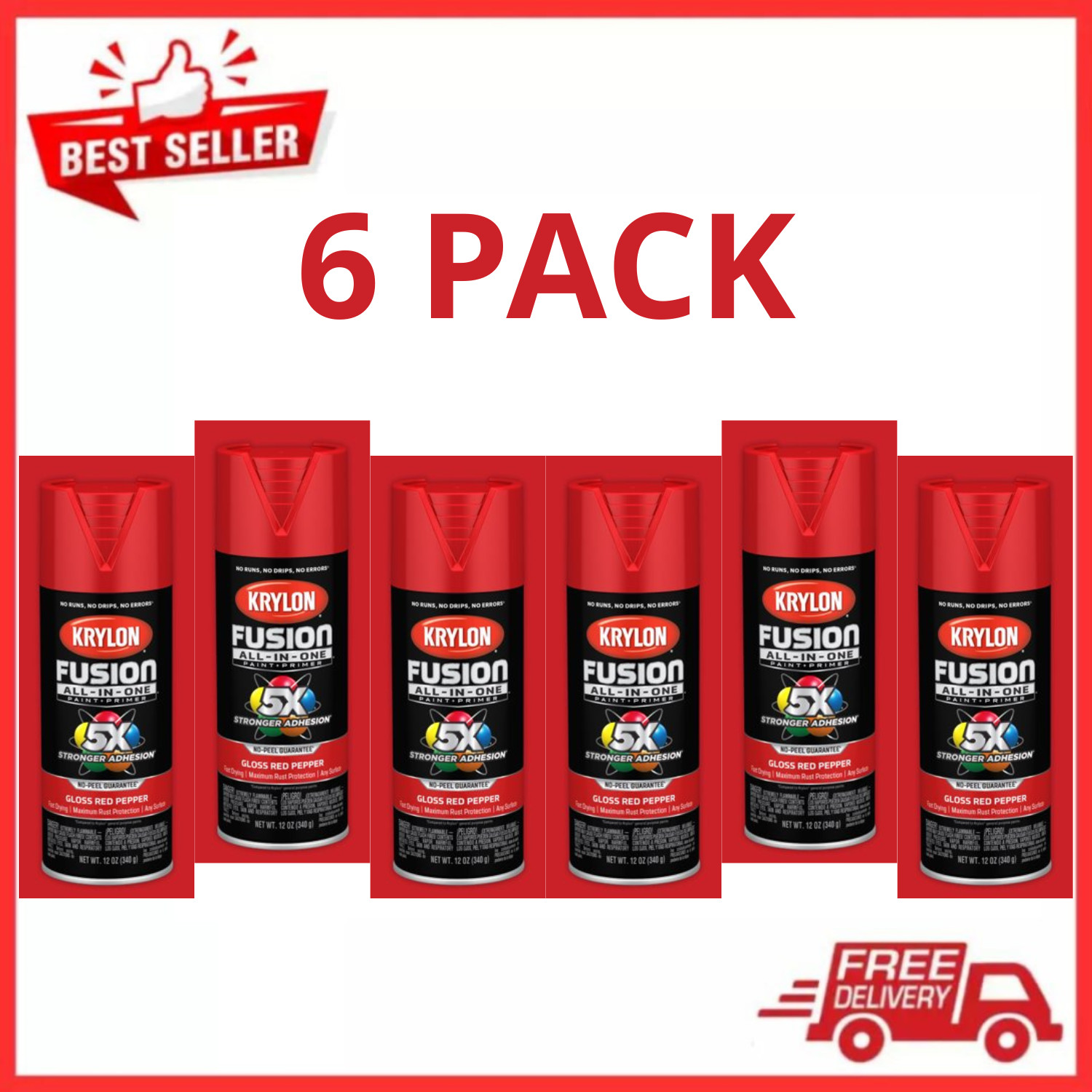 Krylon Fusion All-In-One, Gloss, Red Pepper, 12 oz, 6 PACK