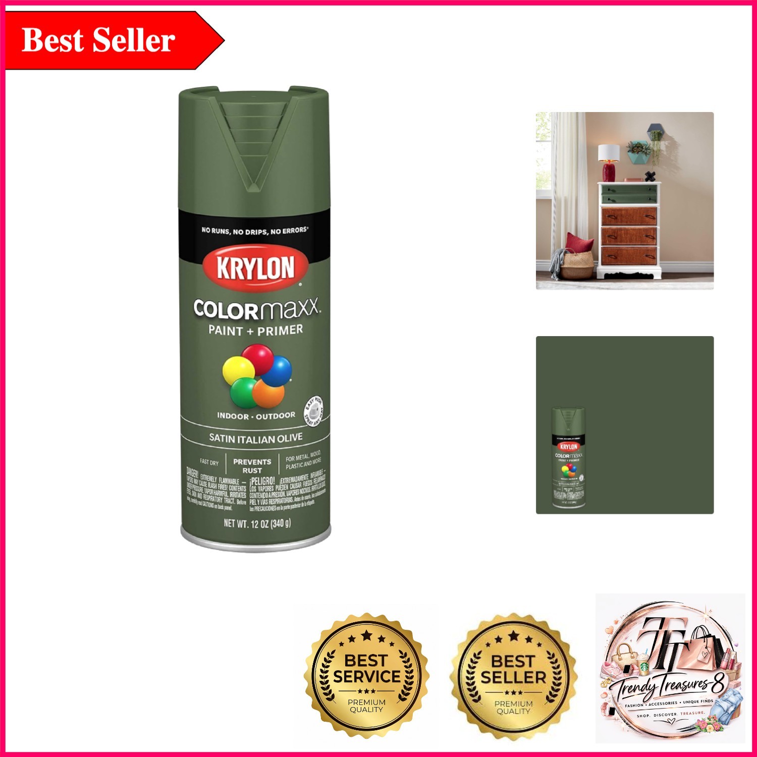 COLORmaxx Satin Italian Olive Green Spray Paint & Primer – Indoor/Outdoor, Ru…