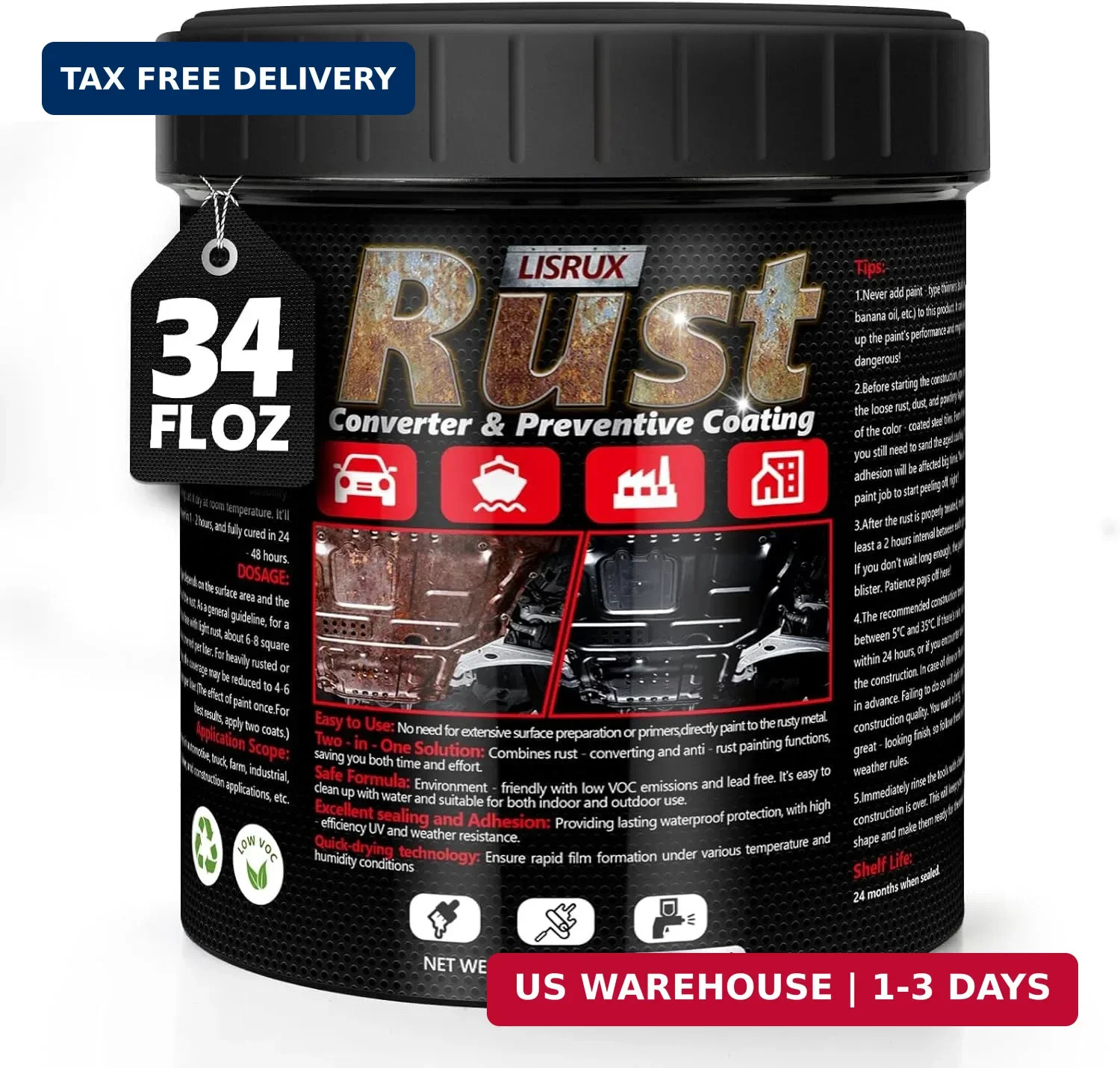 4-in-1 Rust Converter & Metal Primer, 34 Fl Oz Black Rust Inhibitor Paint for Me