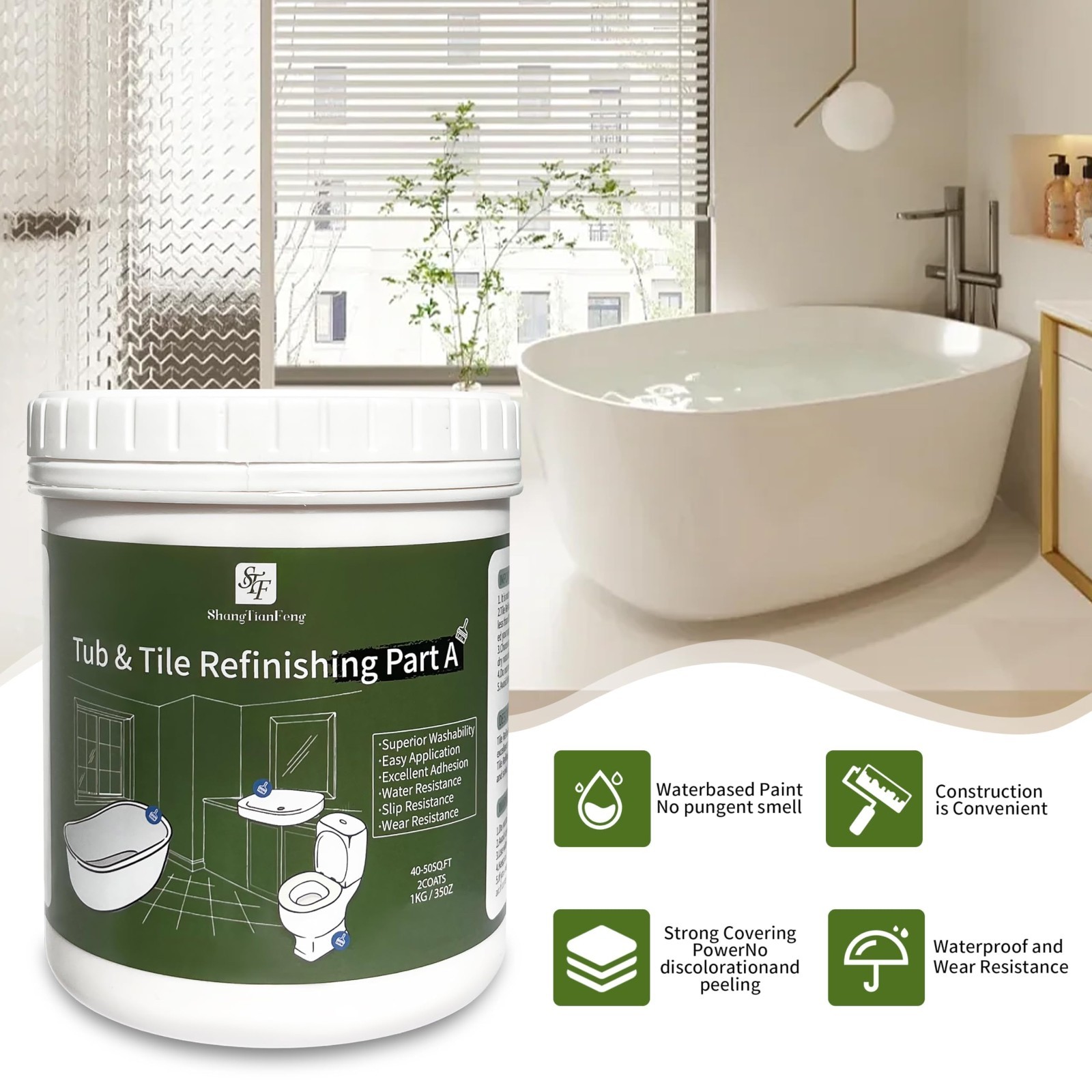 Grey Ceramic Tile Paint Kit for Bathtub & Sink Refinishing, Easy Use, Low Odor,