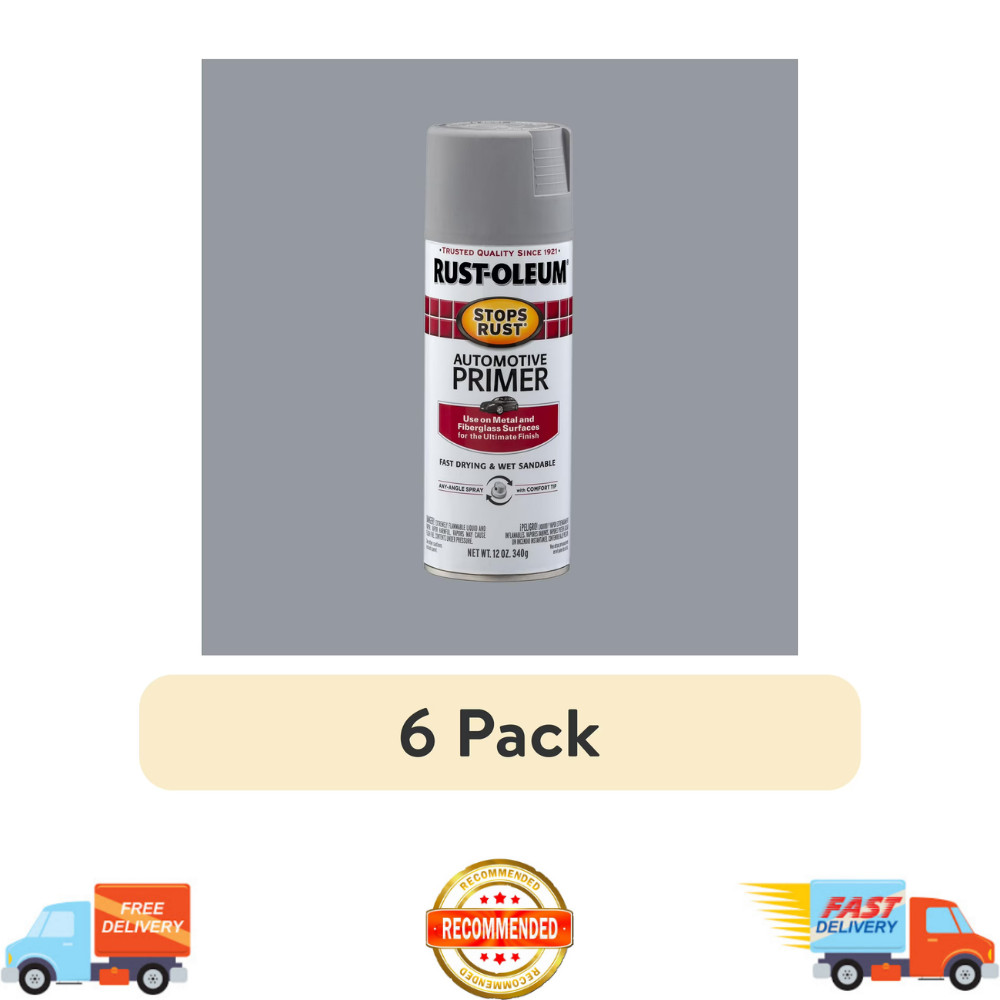 6Pack Rust-Oleum Stops Rust Automotive Primer Light Gray Flat, 12 oz Spray Paint