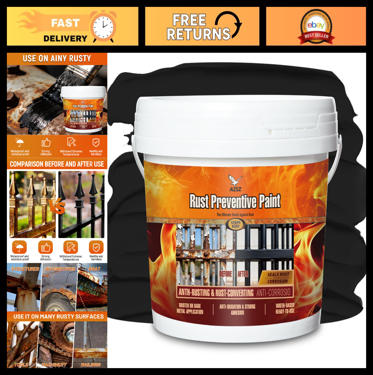 1 Gallon Black Rust Converter & Metal Primer – 2-in-1 Anti-Rust Paint, UV Resist