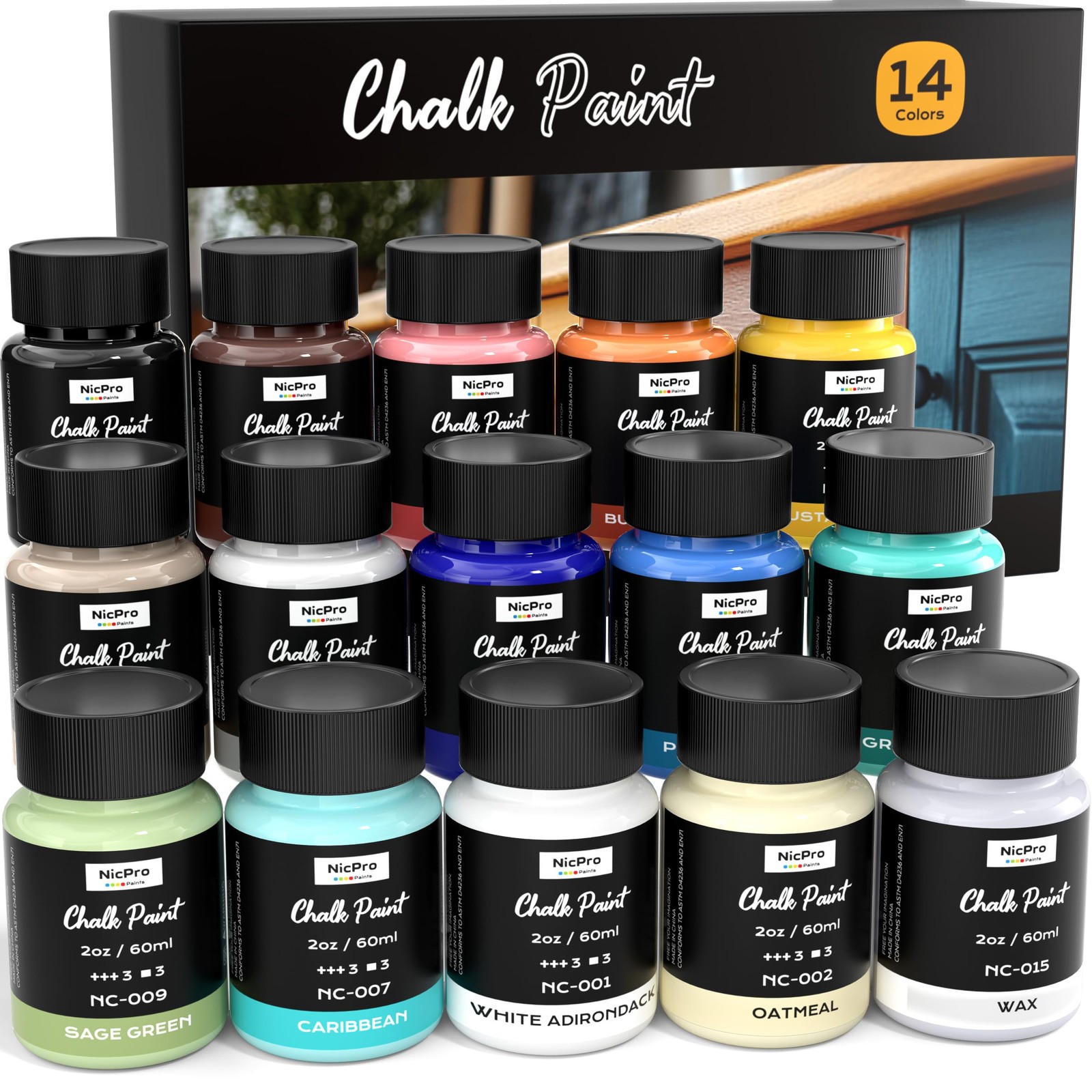 Nicpro 14 Colors Chalk Paint for Furniture, 2 2 Fl Oz (Pack of 15), 14 colors