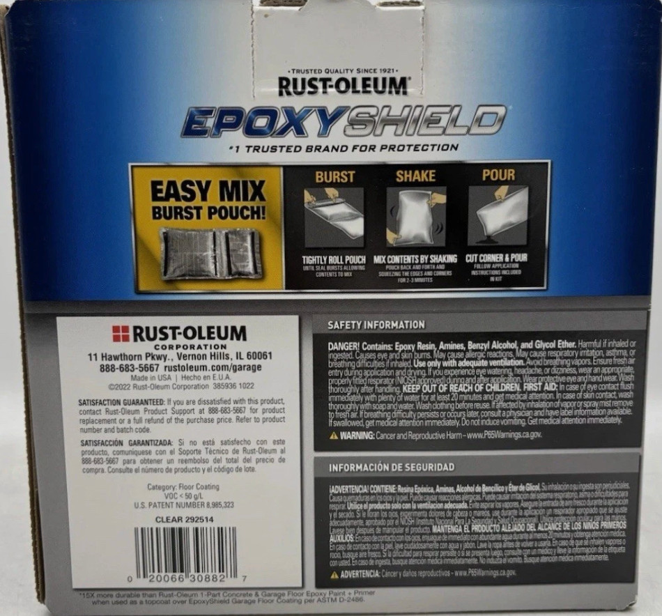 292514 EPOXYSHIELD Premium Clear Garage Floor Coating Kit, 2.5 Car, Gloss Clear