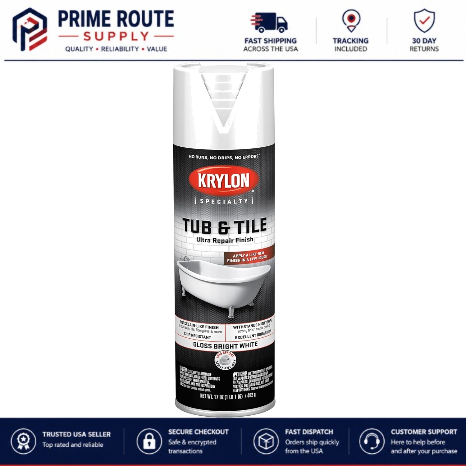 Quick-Dry Spray Paint for Tubs and Tiles – 17 oz Gloss Finish in Bright White