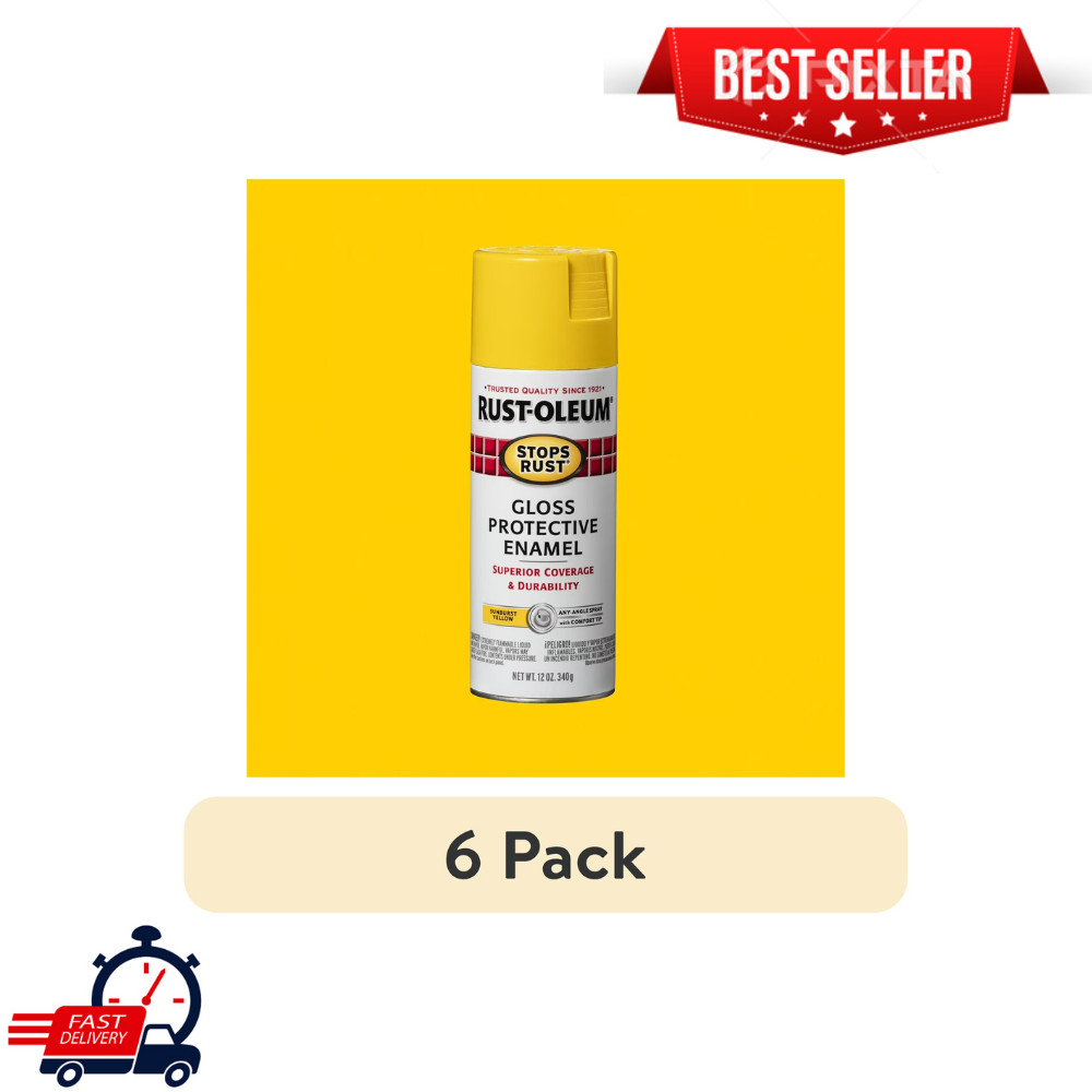 6 Pack Yellow, Rust-Oleum Stops Rust Protective Enamel Gloss Spray Paint, 12 oz