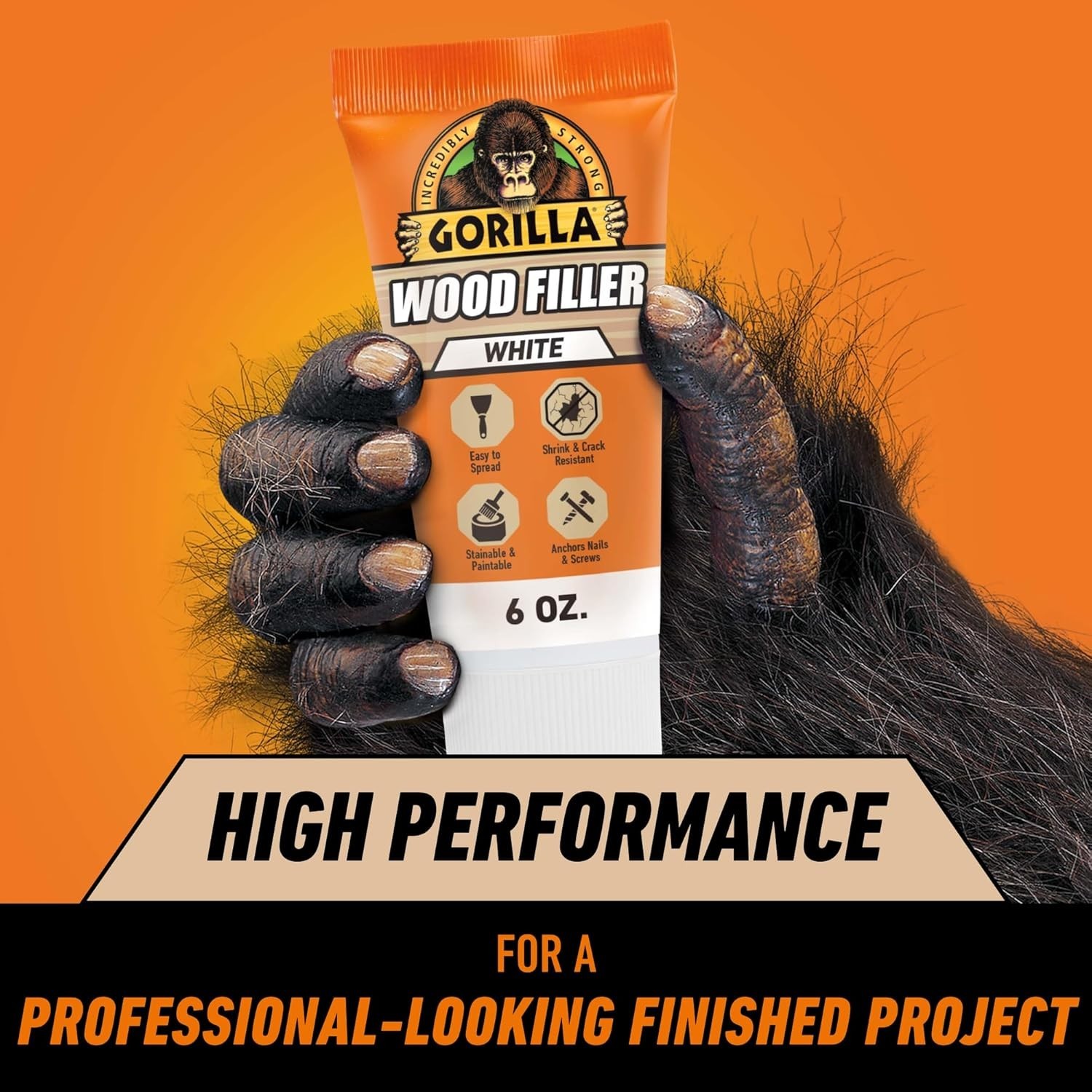 Gorilla All Purpose Wood Filler, Water Resistant White Wood Putty Repair, 6 Oz