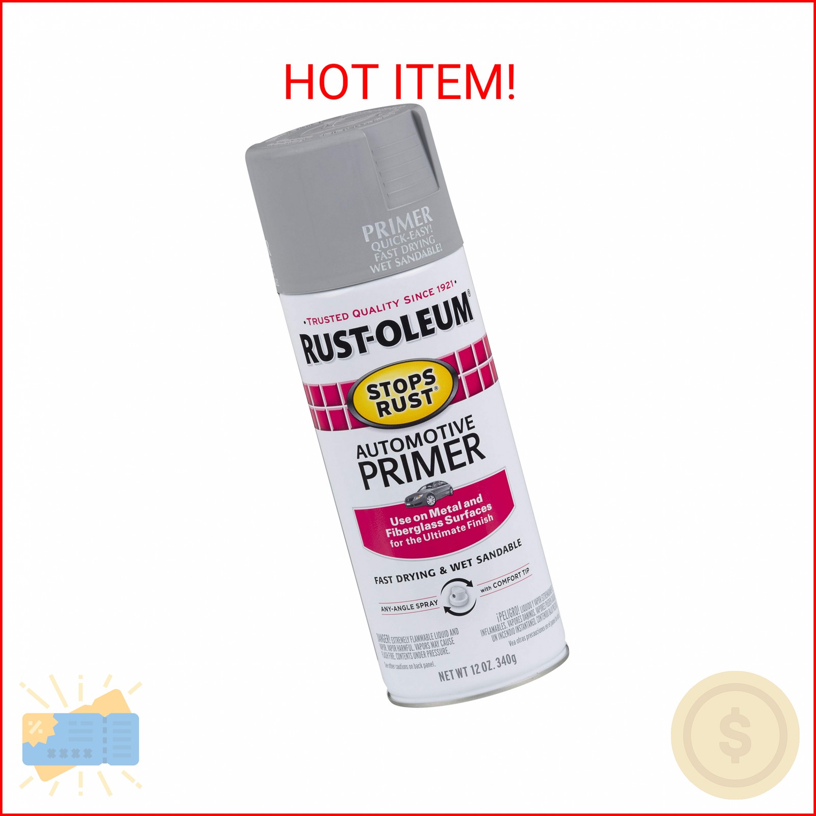 Rust-Oleum 2081830 Stops Rust Automotive Primer Spray, 12 oz, Flat Light Gray