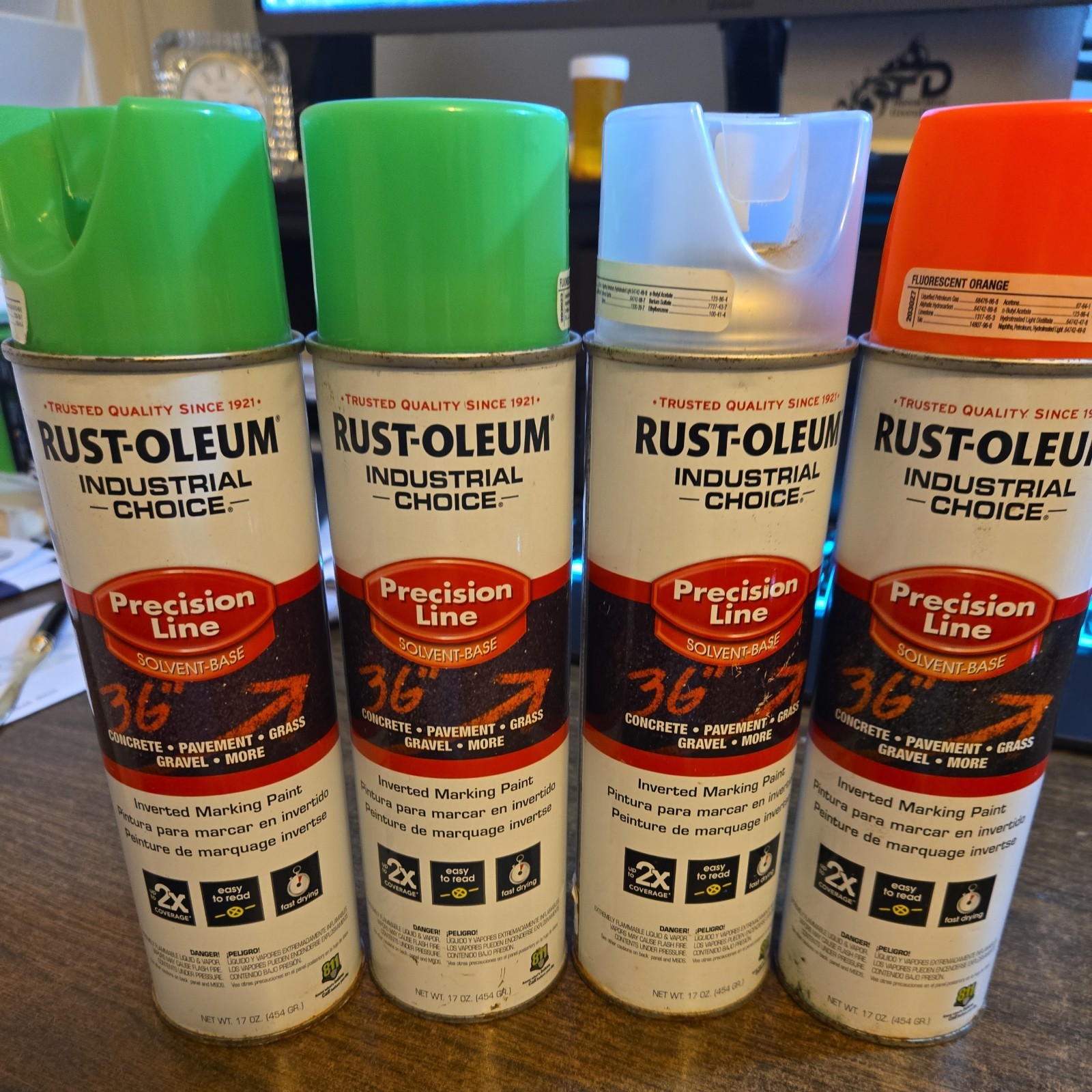 Lot 4 Rust-Oleum Precision Line Pain ( 2 Green, 1 clear, and 1 orange) 17 oz NEW
