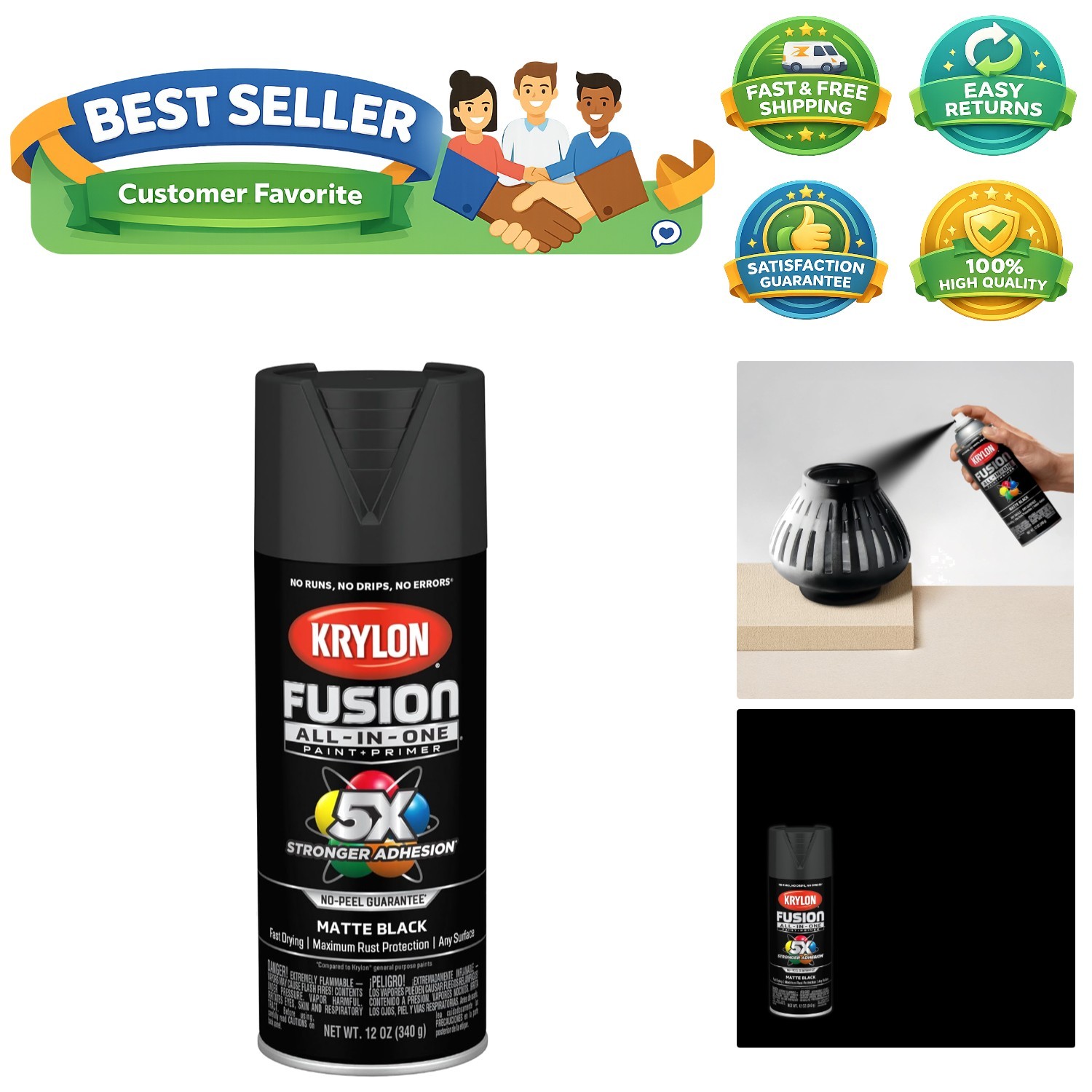 Fusion All-In-One Adhesive Spray Paint for Indoor/Outdoor Use, 12 oz, Black