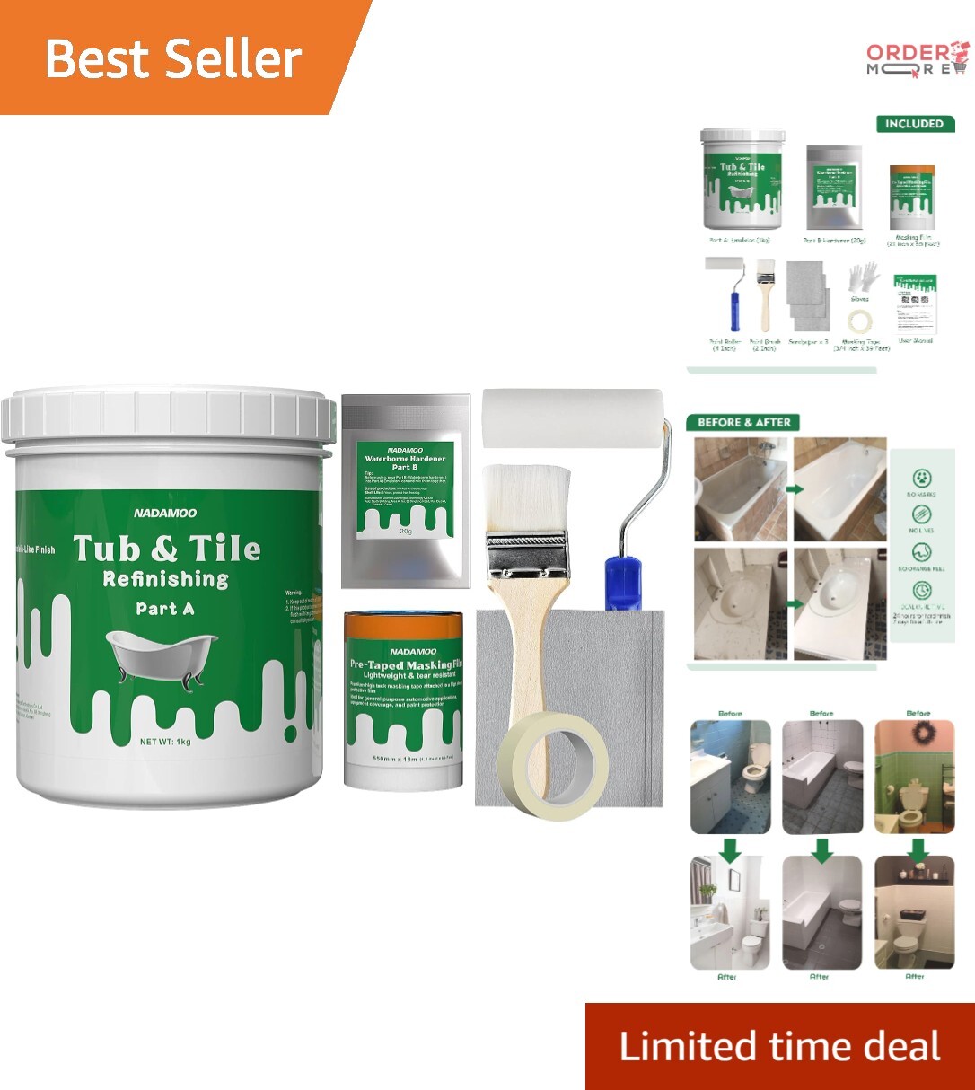 Tub and Tile Refinishing Kit 1kg Semi-gloss White DIY Paint for Bathroom