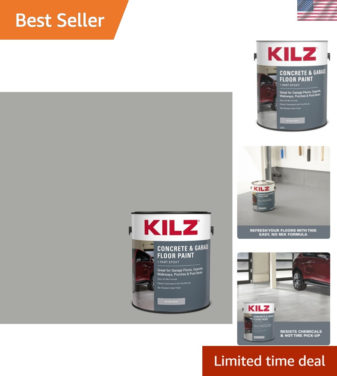 Durable 1-Part Epoxy Acrylic Concrete Paint – Silver Gray 1 Gallon Satin Finish