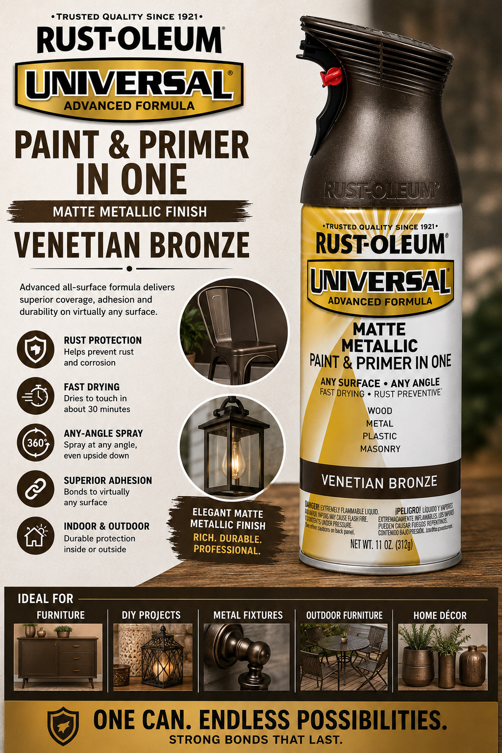 Rust-Oleum Universal Spray Paint Venetian Bronze Matte Metallic Paint Primer