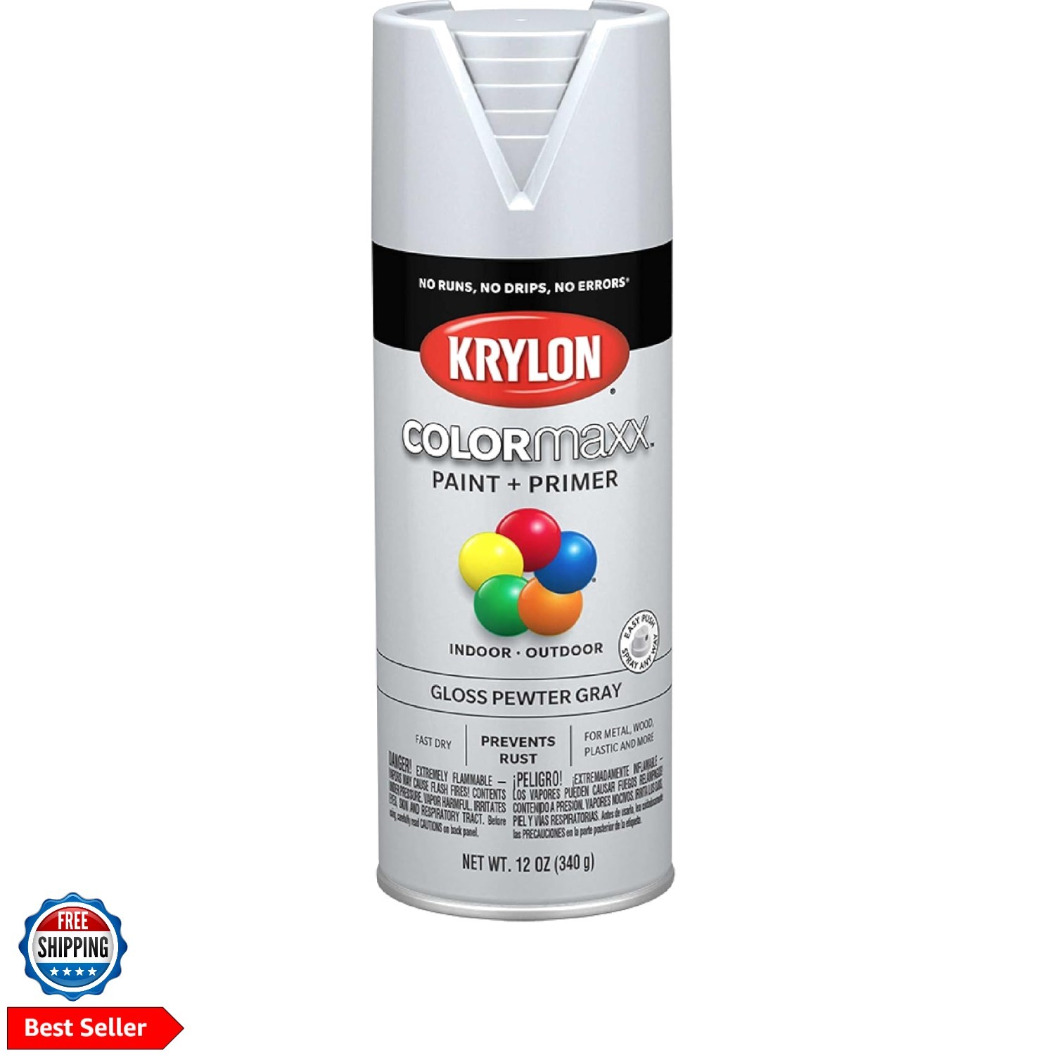 K0007 COLORmaxx Spray Paint and Primer for Indoor/Outdoor Use, Gloss Pewter G…