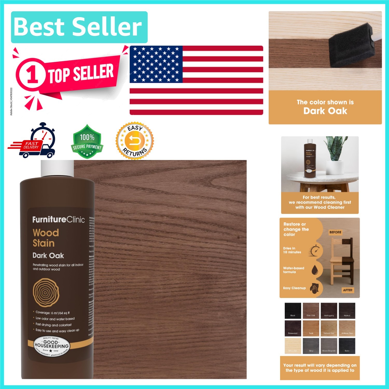 Water-Based Dark Oak Stain | 17oz | 64 Sq. Ft Coverage for Any Project