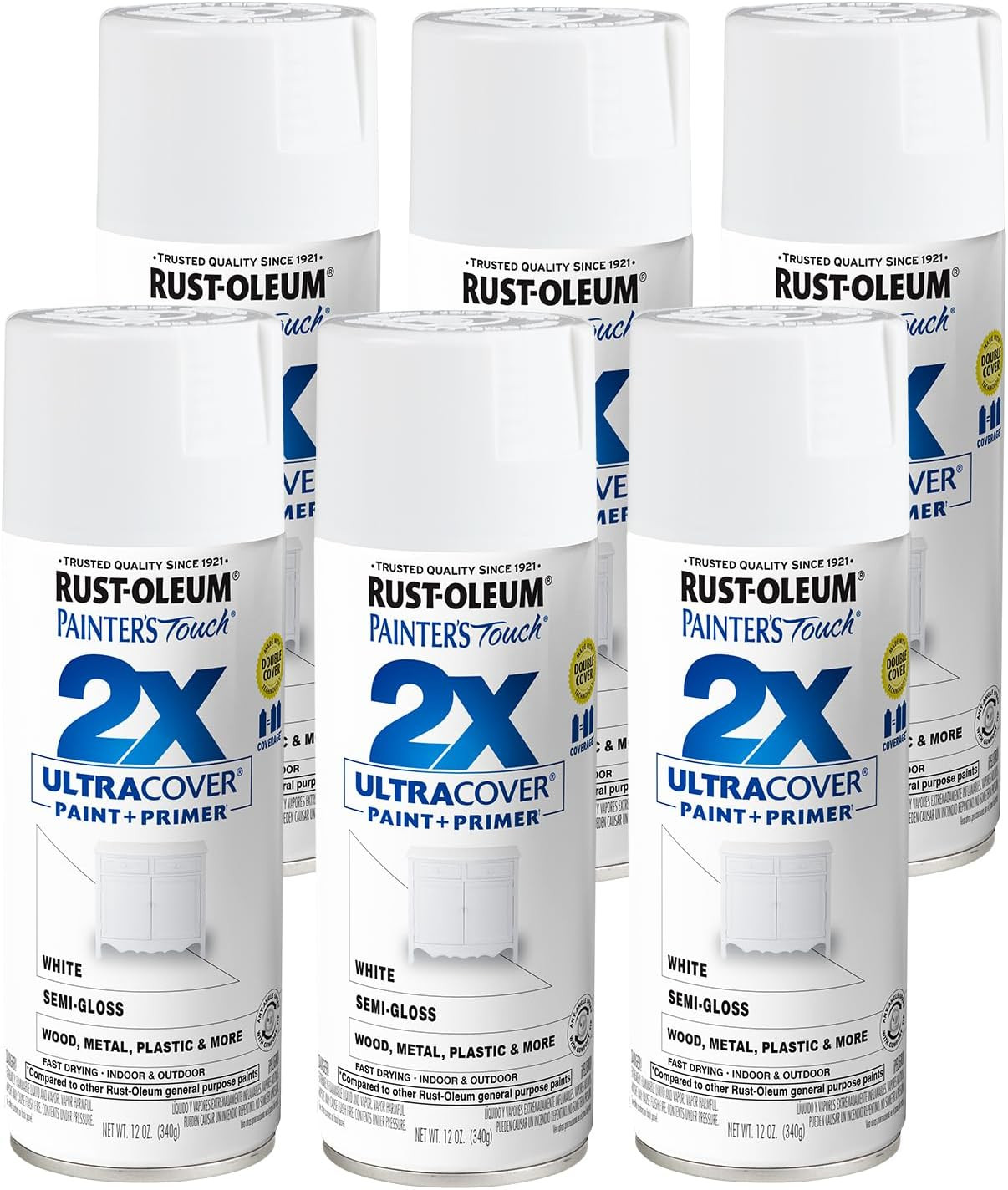 334098-6PK Painter’S Touch 2X Ultra Cover Spray Paint, 12 Oz, Semi-Gloss White,