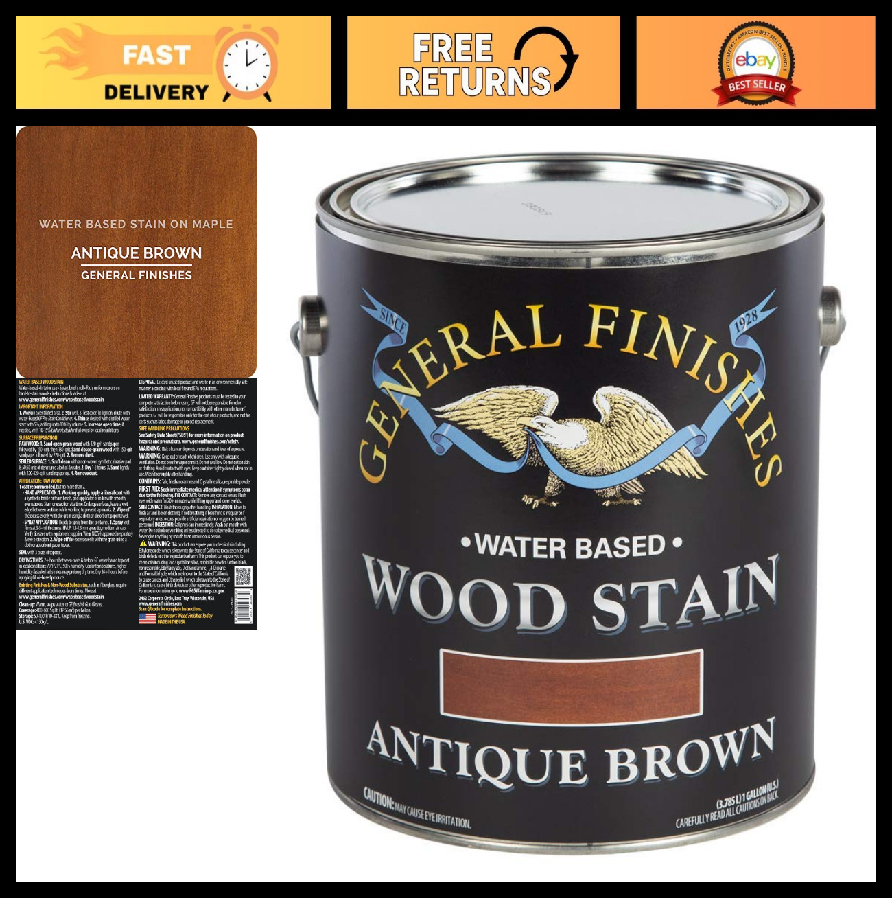 Water-Based Wood Stain, 1 Gallon, Antique Brown Finish for Furniture & Crafts