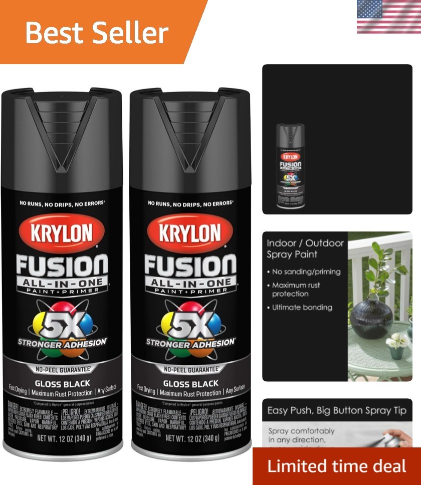 K0007 Fusion All-In-One Spray Paint Gloss Black 12oz Pack of 2 – Rust Resistant