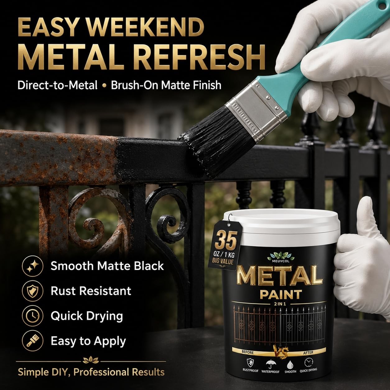 Metal Paint, 35 Fl oz Rust Preventive & Weatherproof Protective Coating, Blac…