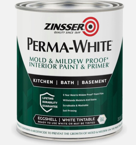 Zinsser 02774 PERMA-WHITE Mold & Mildew Proof Interior Paint, Quart, Eggshell
