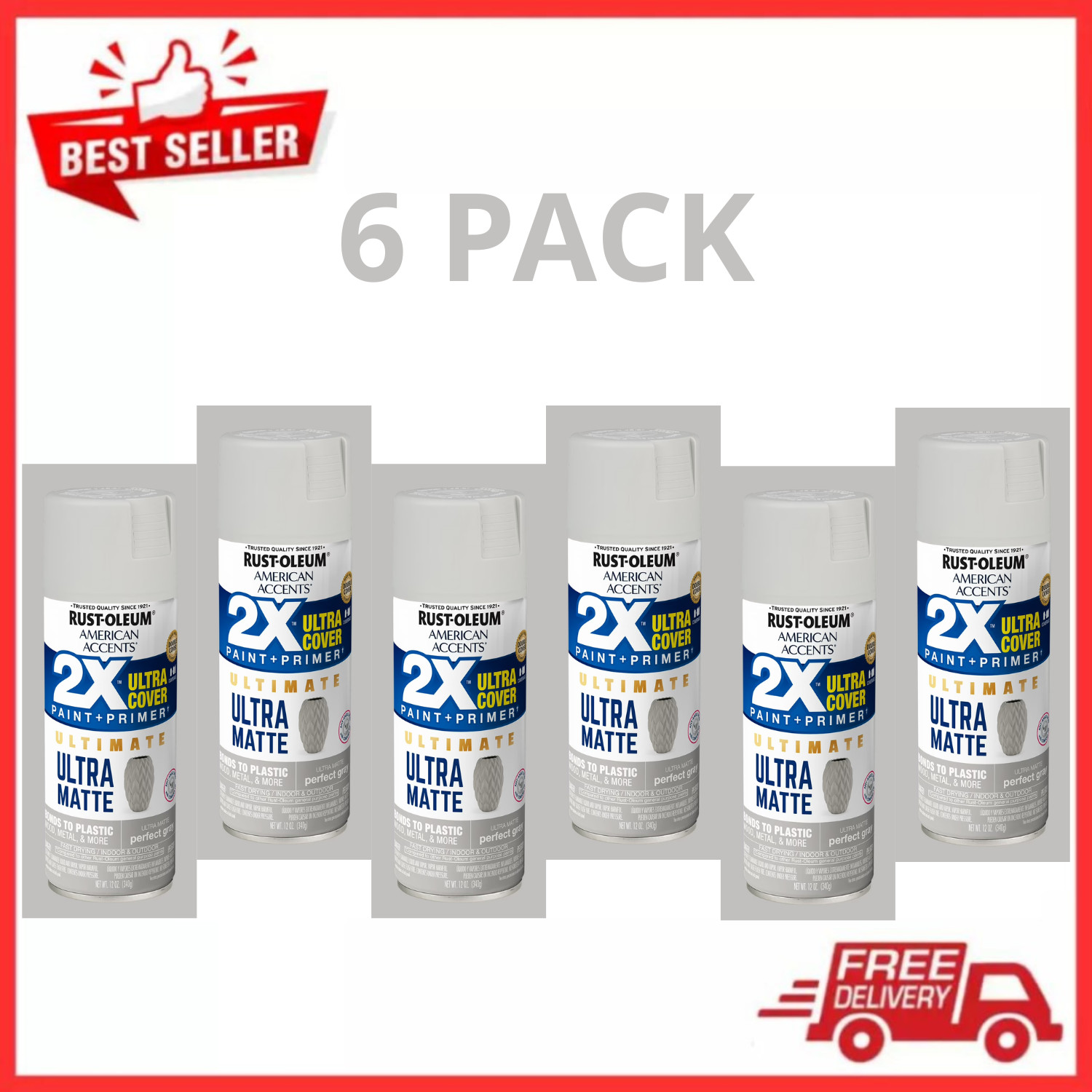 Rust-Oleum 2X Ultra Cover Ultra Matte Spray Paint Perfect Gray 12 Oz, 6 PACK