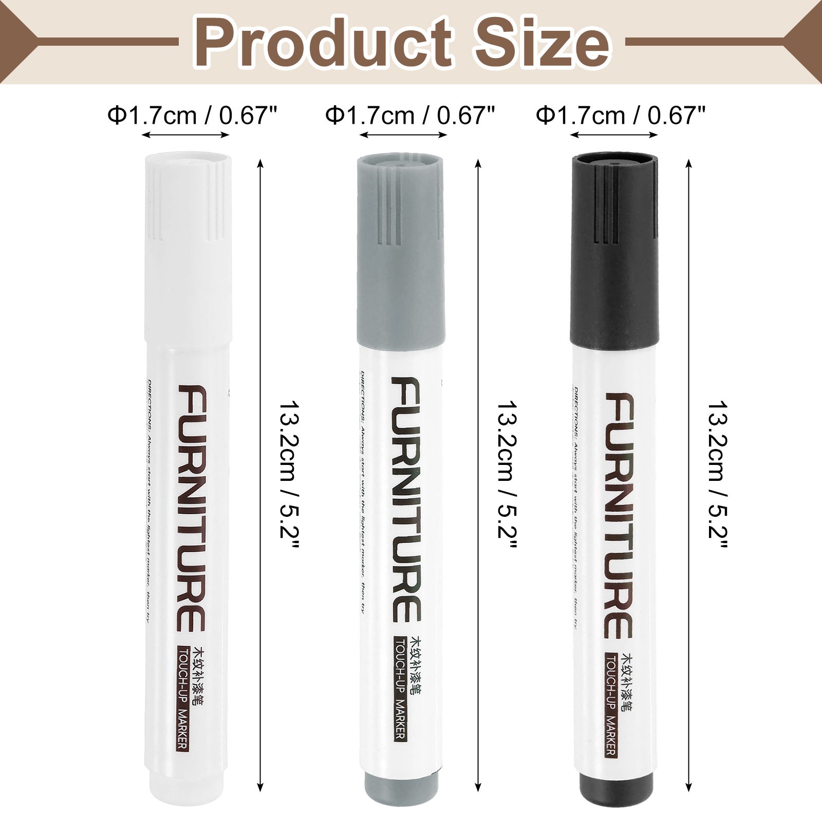 Furniture Repair Kit, 3 Pens Black/White/Grey