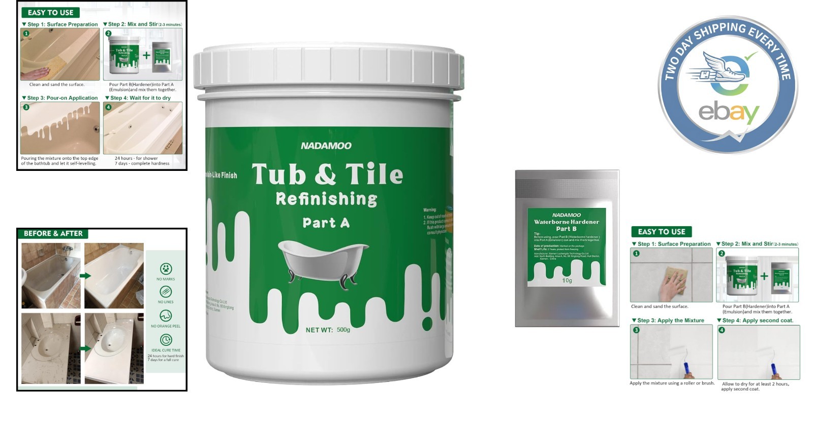 Effortless Tub & Tile Refinishing Kit – Low Odor, 500g Emulsion & 10g Hardener
