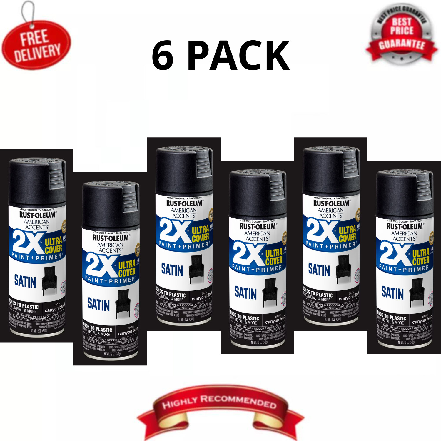 Rust-Oleum 2X Ultra Cover Satin Spray Paint Canyon Black 12 oz 6-Pack