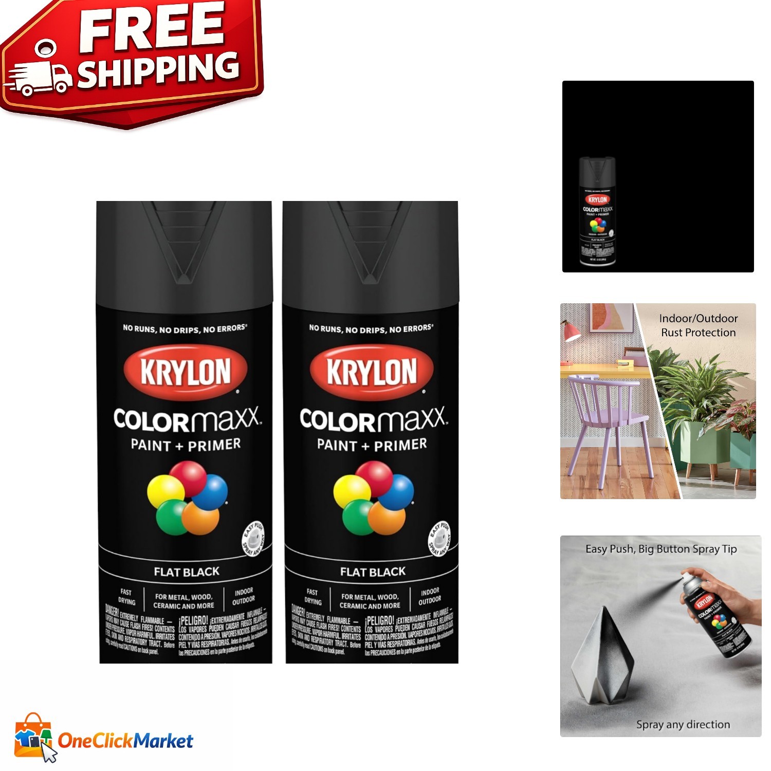 COLORmaxx K0007 12oz Flat Black Spray Paint & Primer – Pack of 2, Rust Resistant