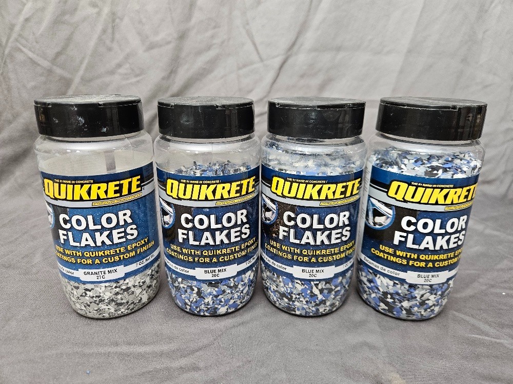 NEW 3 BOTTLES QUIKRETE COLOR FLAKES BLUE MIX 20C 1/2 BOTTLE GRANITE MIX 27C