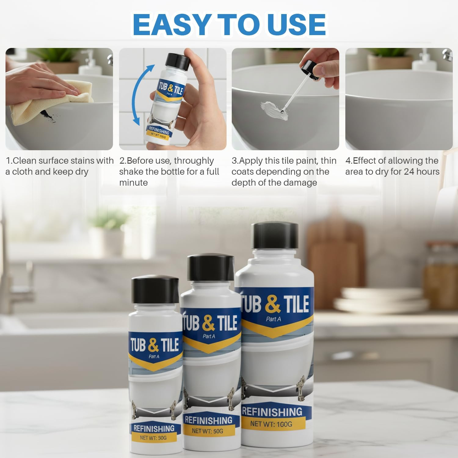 Tub and Tile Paint, 3.5 Oz Tub Paint for Bathtub, 1-Part Bathtub Touch up Paint